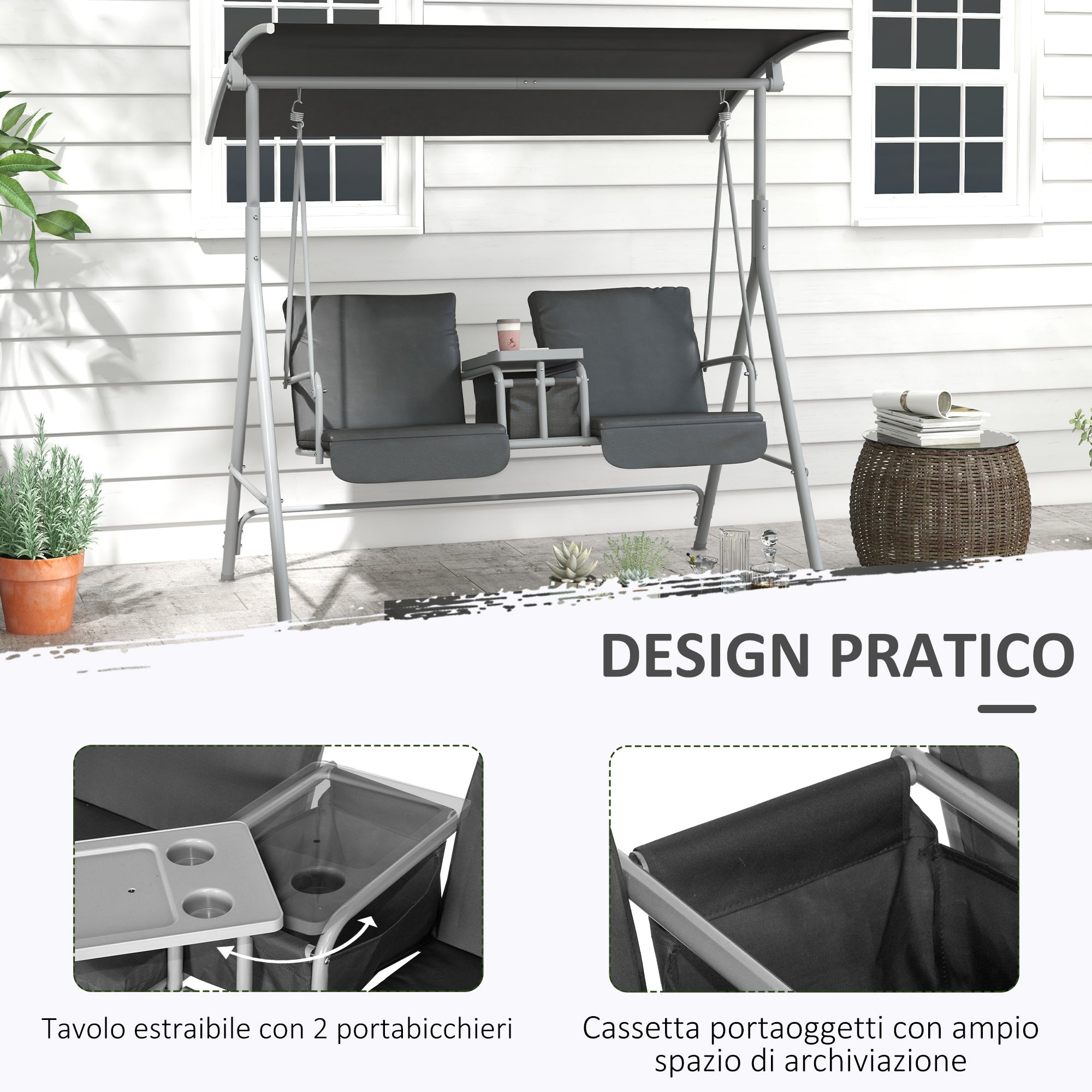 Outsunny 2-seater swing with coffee table and cup holder, in metal and polyester, 175x110x165 cm, gray - Borgè