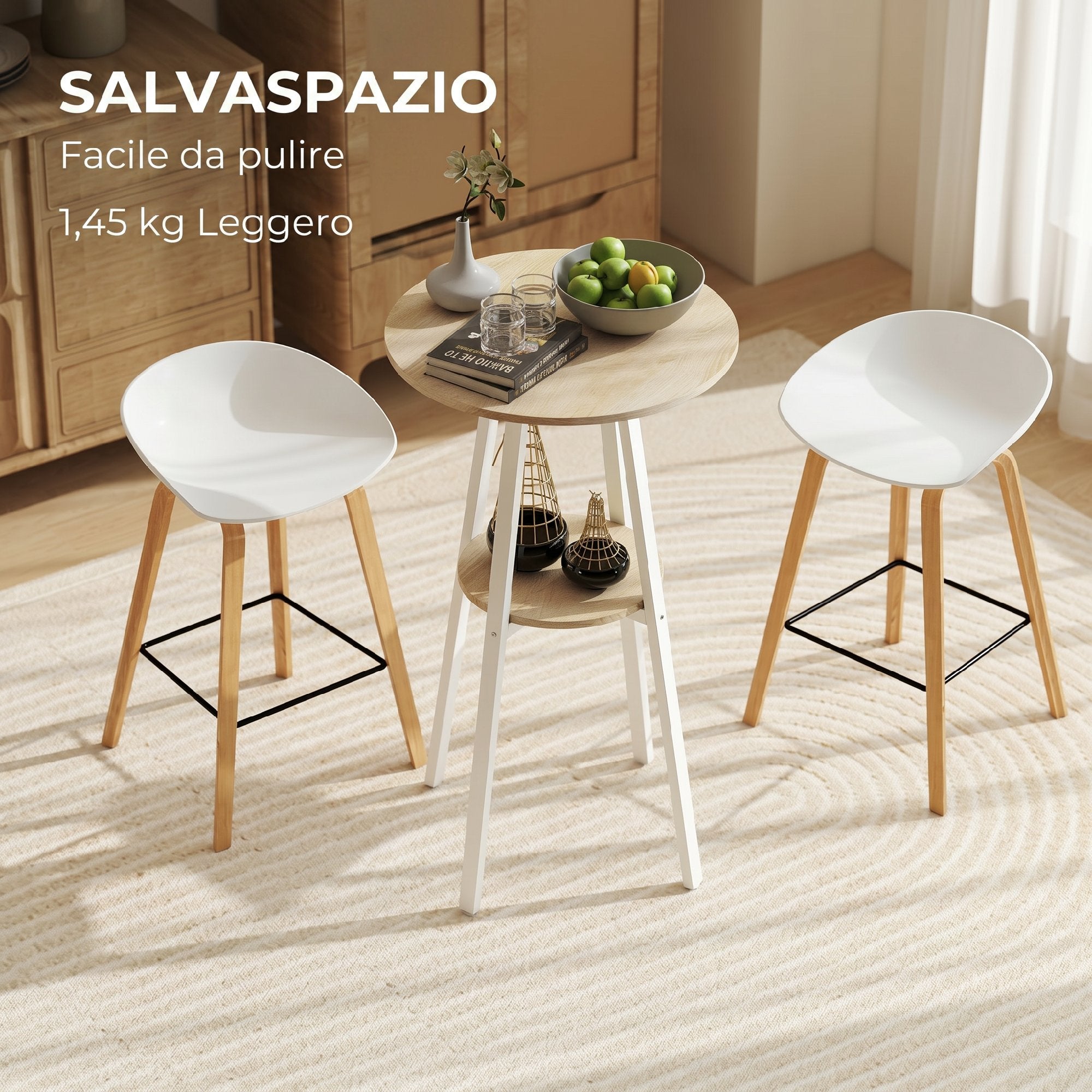 HOMCOM Round High Table with Shelf, Modern Kitchen or Dining Table, for 2 People, Natural and White