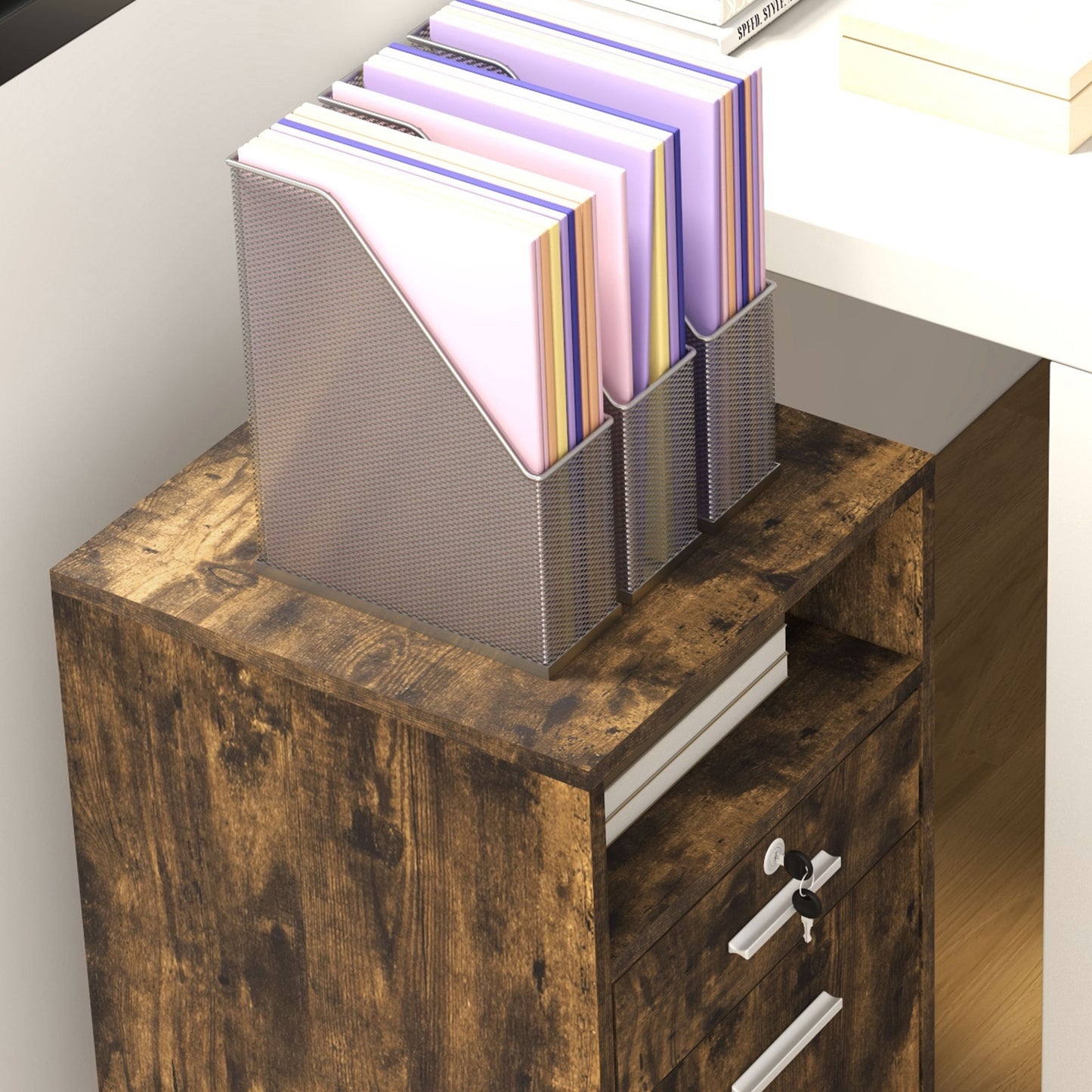 Wooden Office Drawer Cabinet Document Holder with 2 Drawers and Open Shelf, 39x40x65 cm, Brown