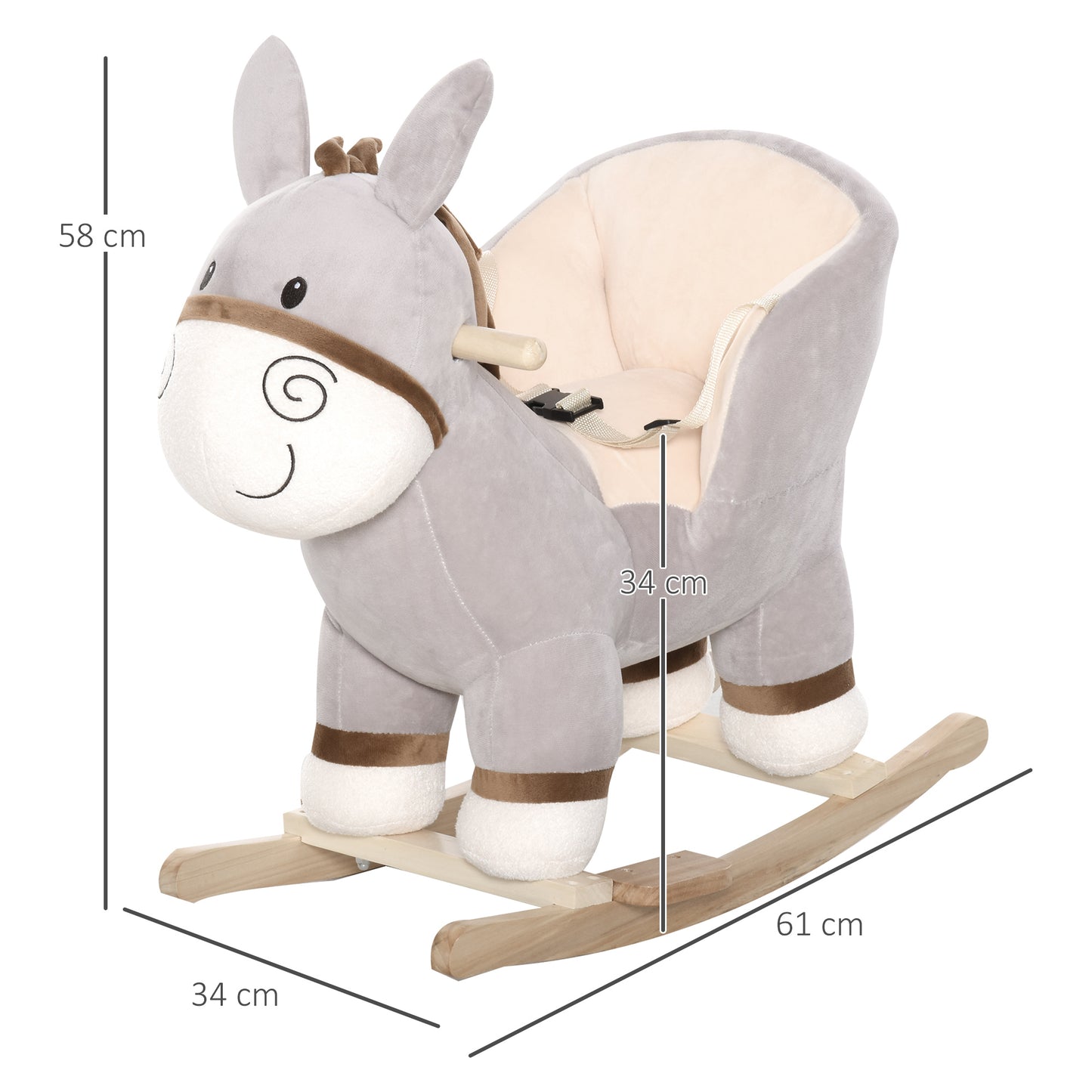 HOMCOM Rocking Horse for Children 18-36 Months, Donkey-Shaped Rocking Horse with Realistic Sounds in Poplar Wood and Plush, Gray