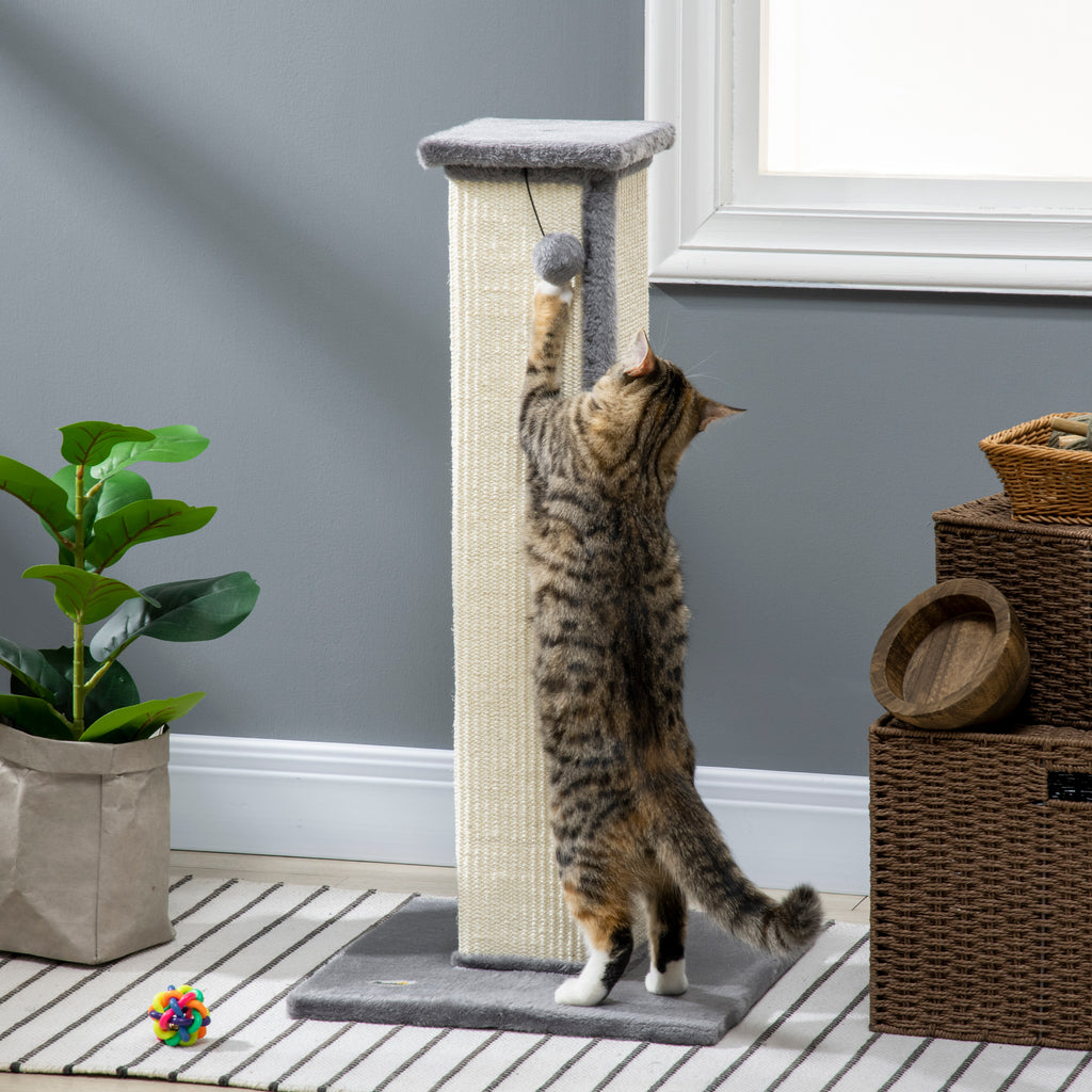 Scratching Post for Cats with Ball, Sisal Pole and Plush Cover, 41x41x81 cm, Gray