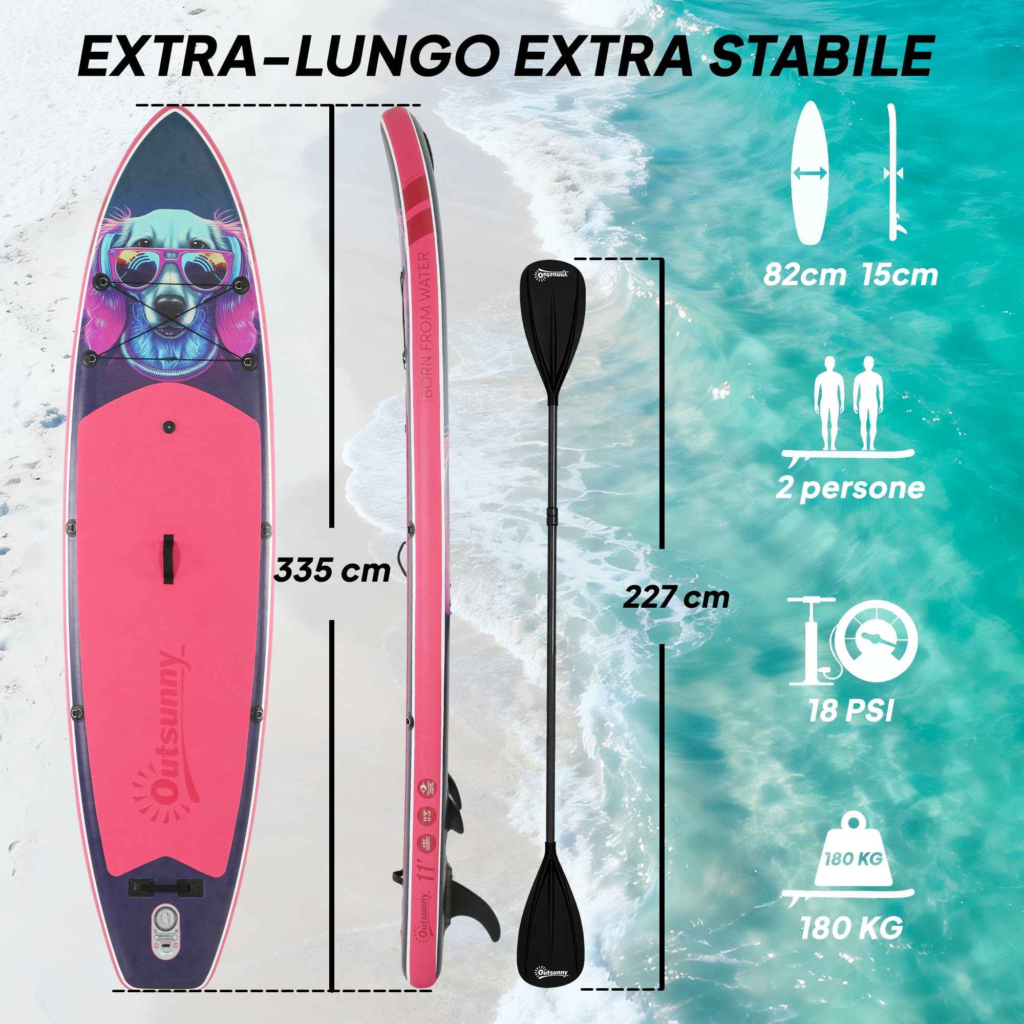 Outsunny Inflatable SUP with Seat, Paddle and Accessories, in Plastic and EVA, 335x82x15 cm, Blue and Pink