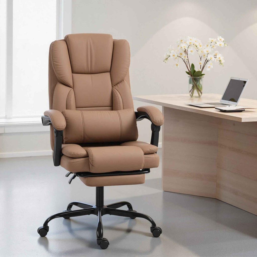 HOMCOM Faux Leather Reclining Office Chair with Footrest and Wheels, 65x67x111-119 cm, Brown