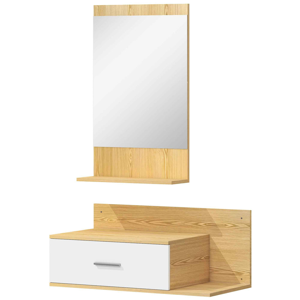 Hallway Set with Mirror, Shelf, Wall Cabinet with Drawer and 2 Open Shelves, Wood and Glass
