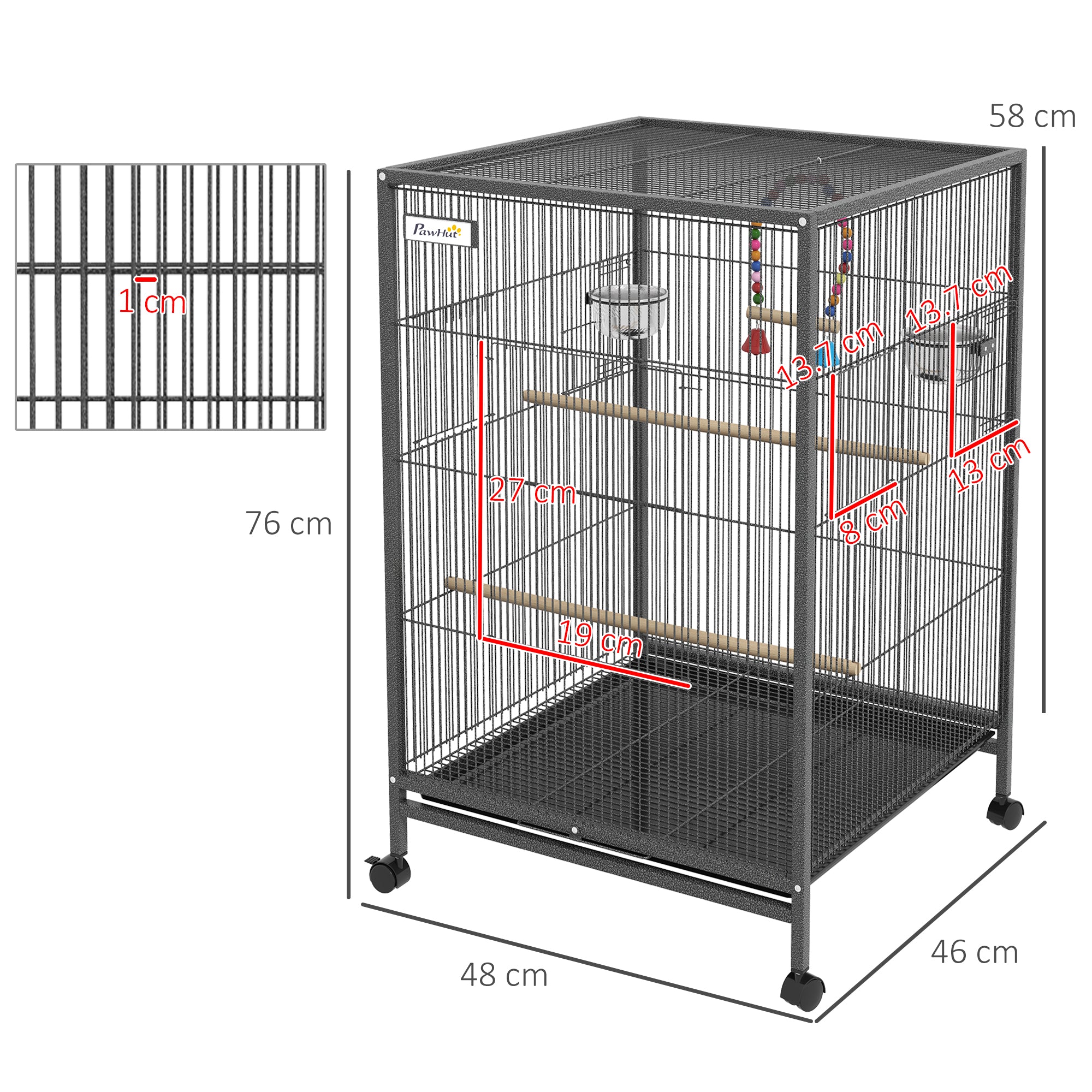 Pawhut for birds in steel and pp with 5 doors, 2 posees and removable tray, 48x46x74 cm, gray - Borgè