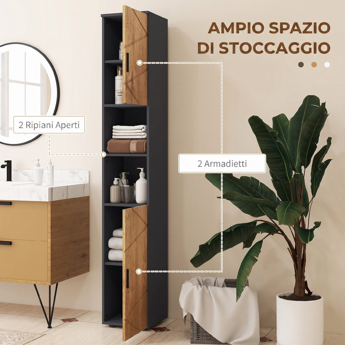 kleankin Chipboard Bathroom Column with 2 Open Shelves and 2 Double-Tier Cabinets, 30x30x183 cm, Oak