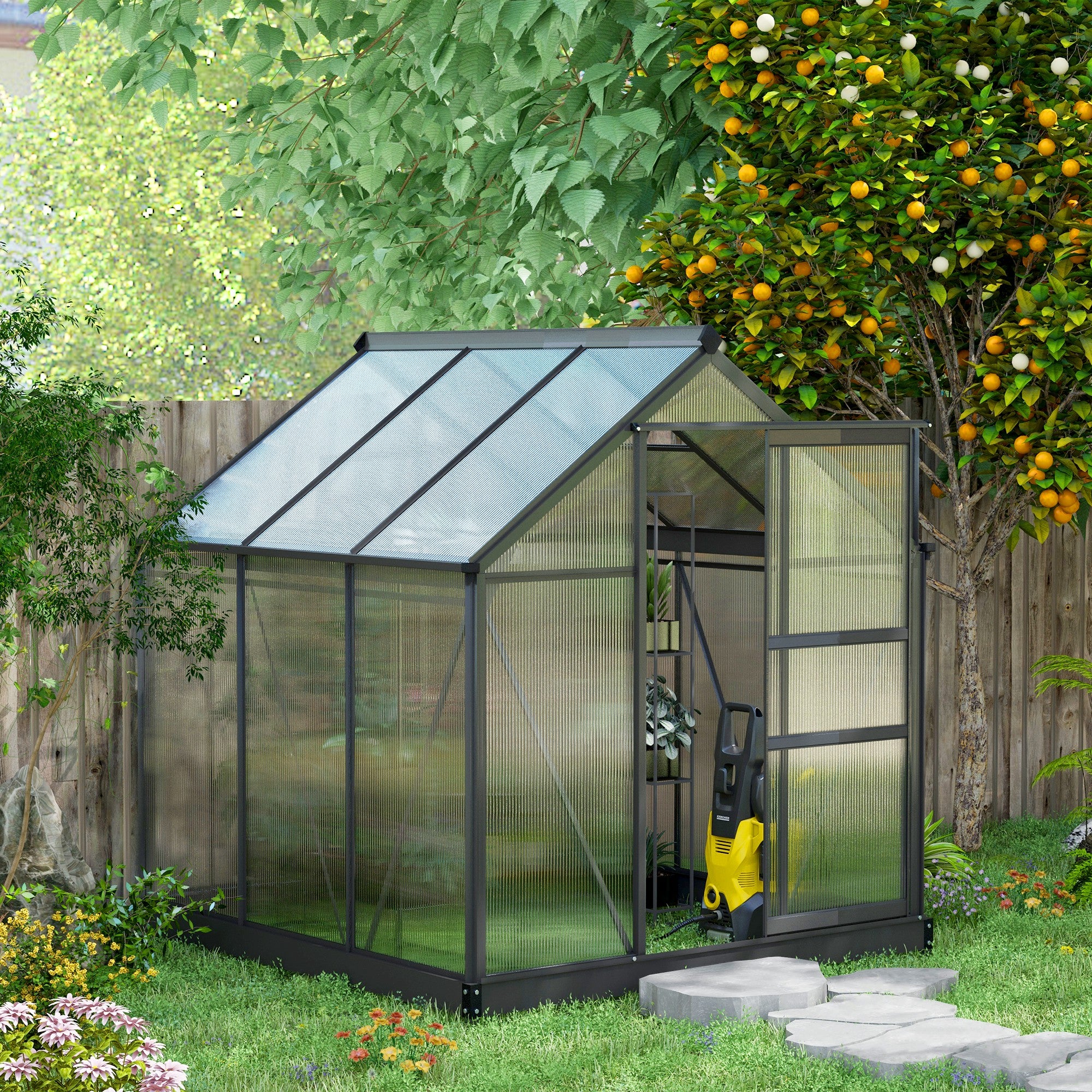Outsunny Polycarbonate and Aluminum Greenhouse with Sliding Door, Air Intake and Gutter, 1.9x1.9x2m, Gray - Borgè
