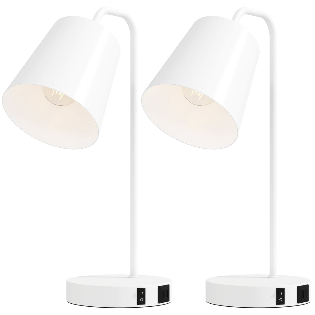 HOMCOM Set of 2 Modern Steel Table Lamps with USB Ports, E27 Socket, White