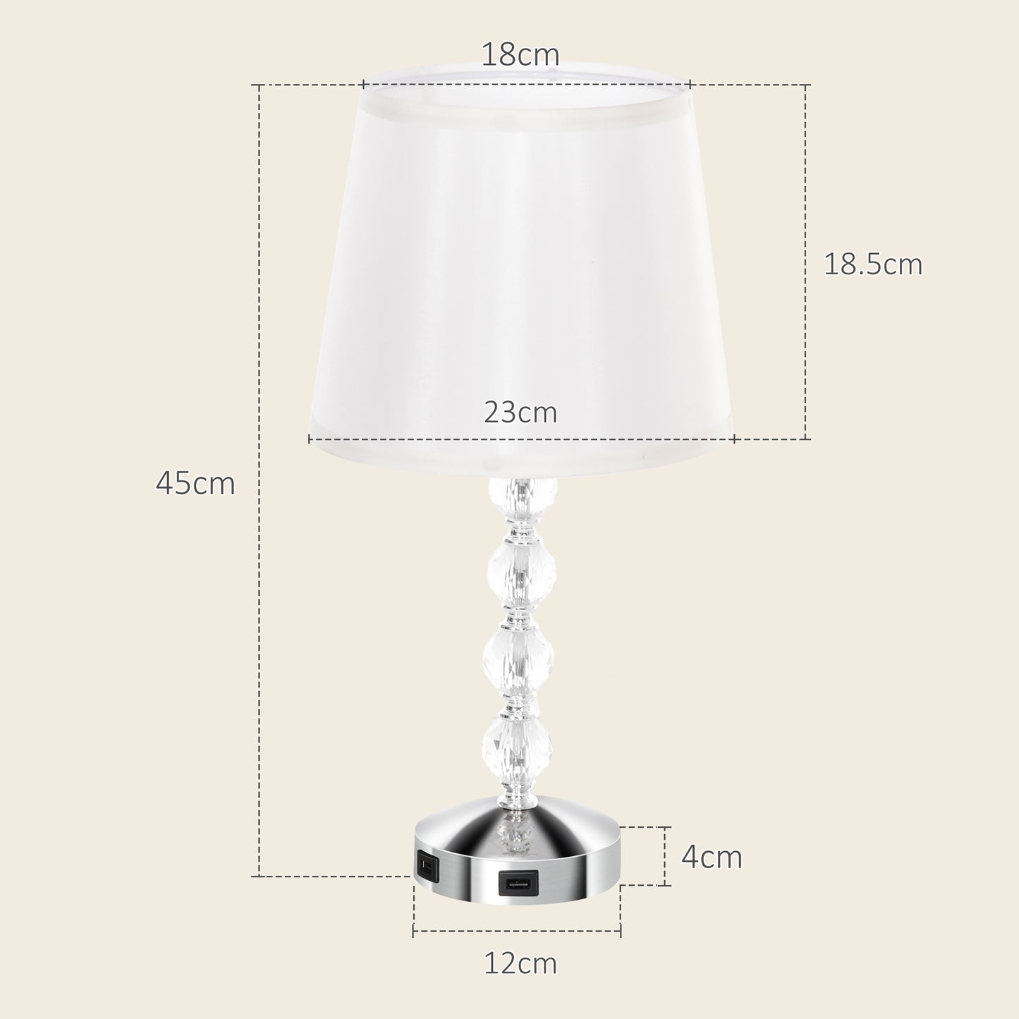 Crystal Table Lamp with USB Port, Metal, Glass and Polyester, Ø23x45 cm, White and Silver