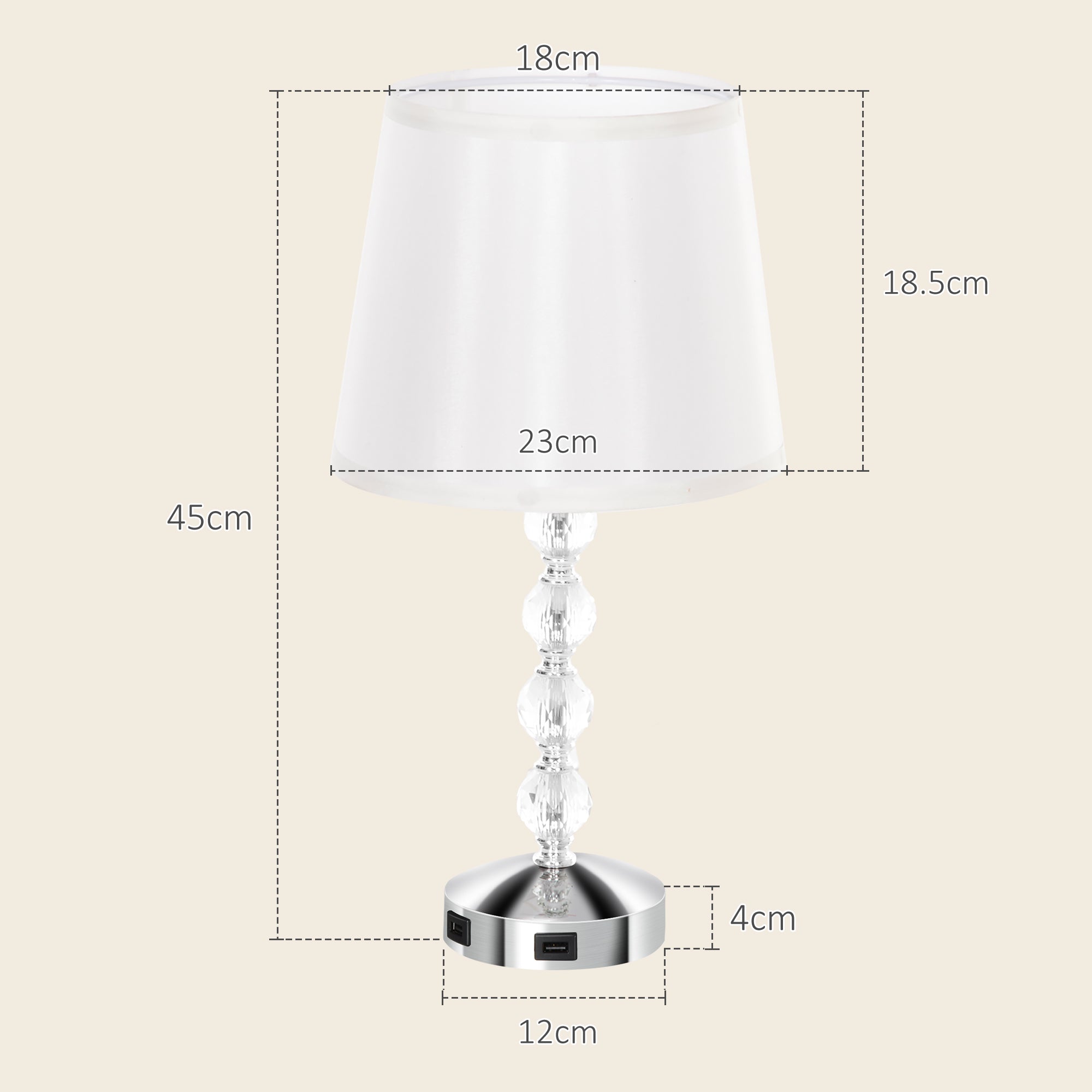 Crystal Table Lamp with USB Port, Metal, Glass and Polyester, Ø23x45 cm, White and Silver