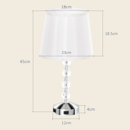 Crystal Table Lamp with USB Port, Metal, Glass and Polyester, Ø23x45 cm, White and Silver