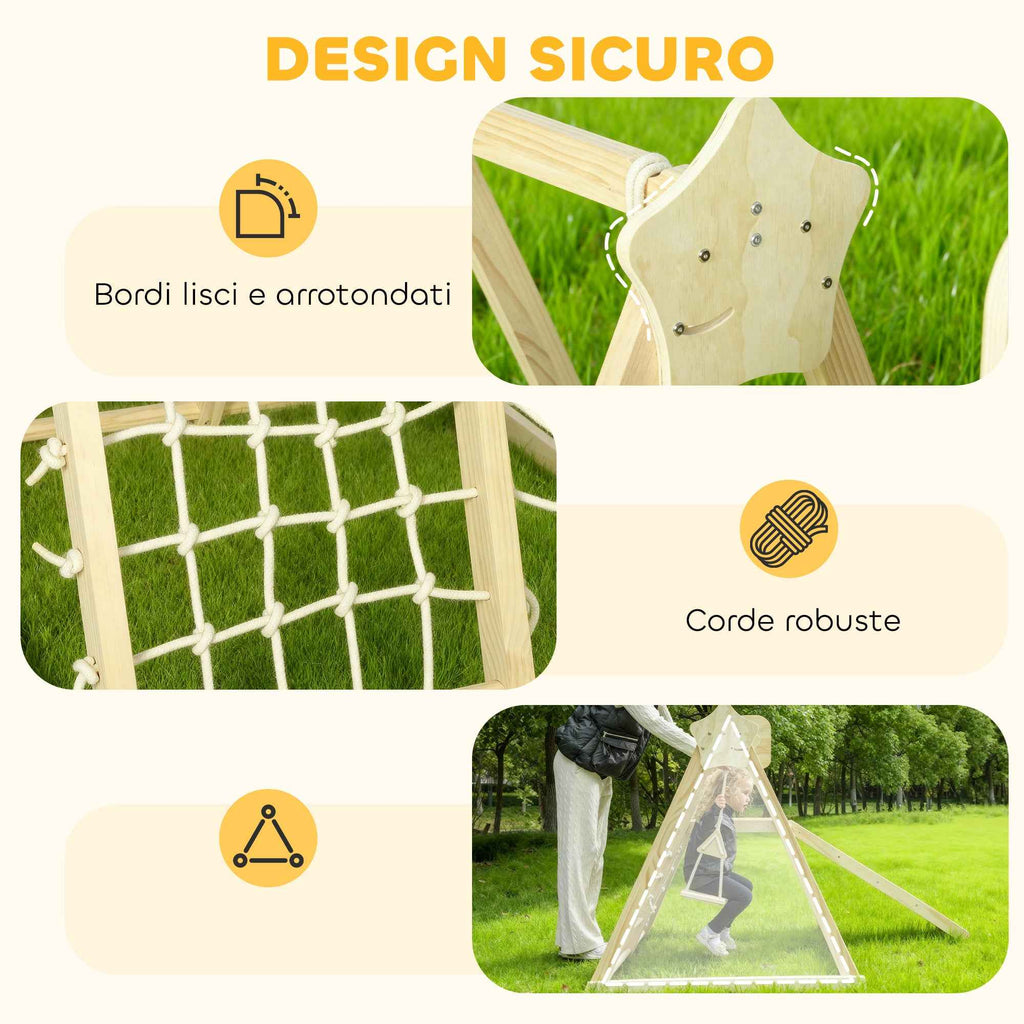 AIYAPLAY 5-in-1 Folding Climbing Game with Slide, 2 Walls, Swing and Basketball Hoop, Wooden, 140x172.5x116.5 cm
