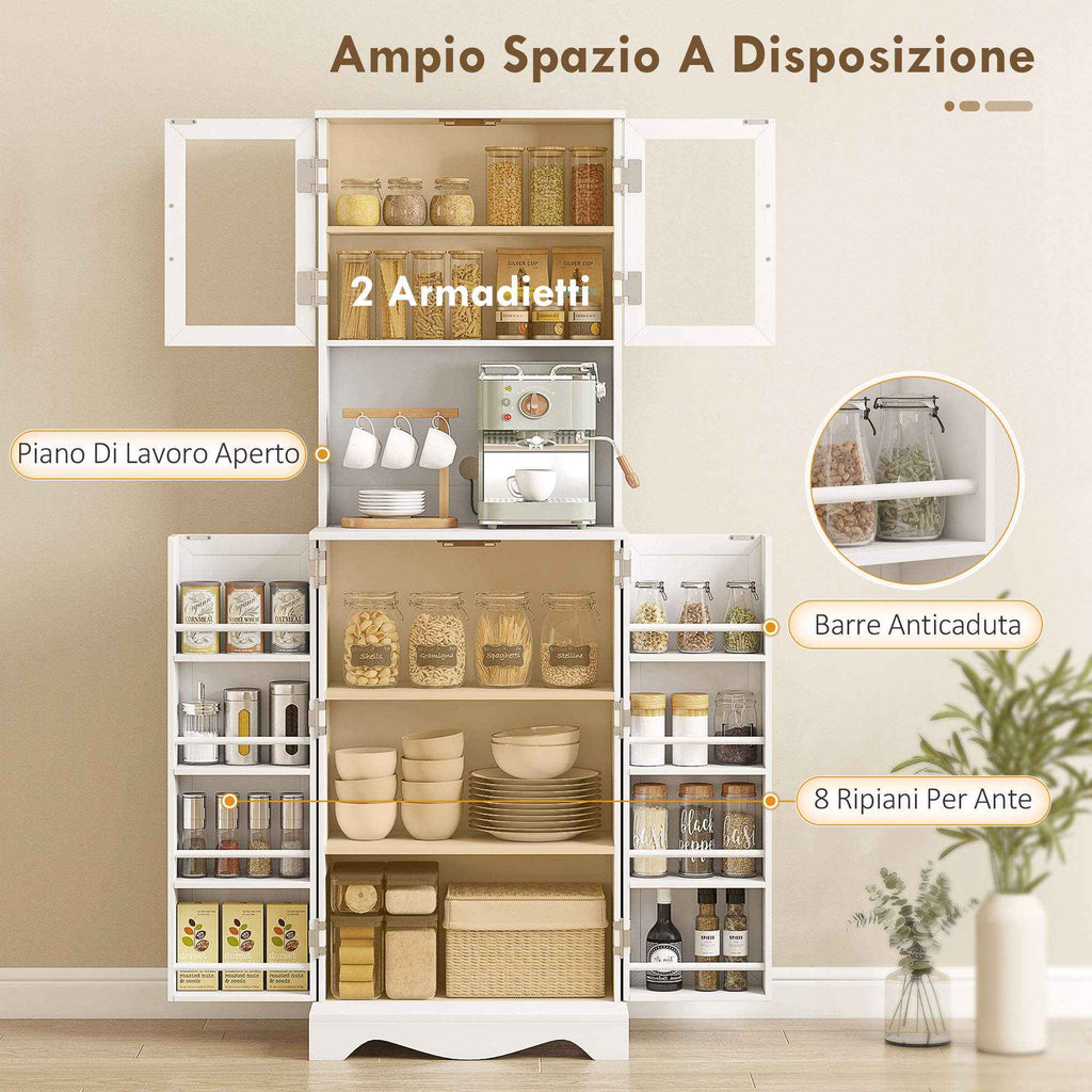HOMCOM Kitchen Cabinet with 2 Cabinets and 8 Shelves, Wood and Acrylic, 60x39.5x179.6 cm, White