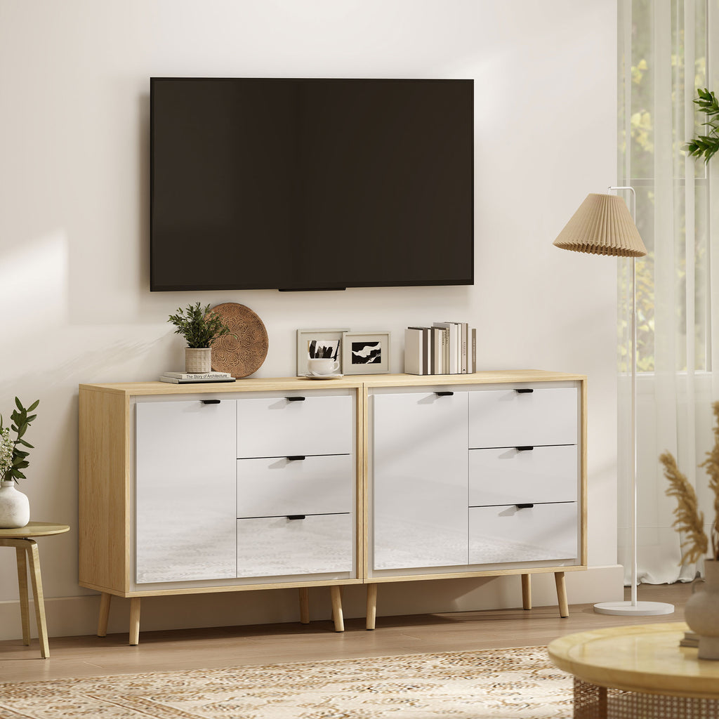 Modern Sideboard with 3 Drawers and Cabinet, Adjustable Internal Shelf and Glossy Doors, White and Oak