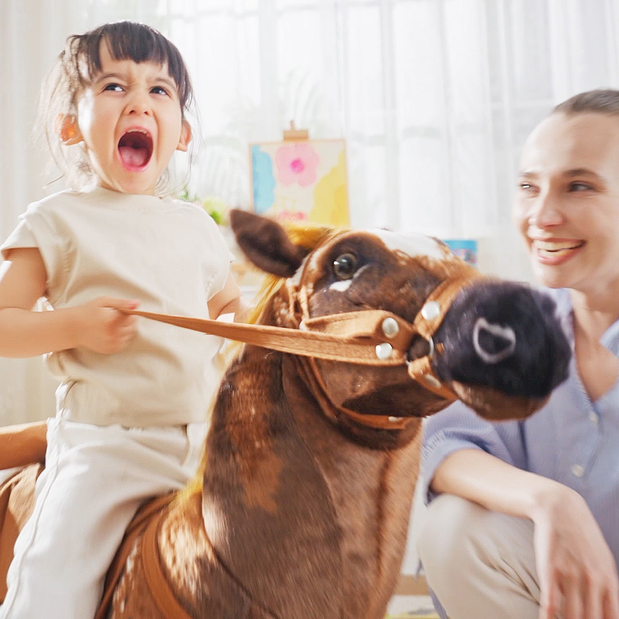 Rocking Horse for Children 2+ Years with Nitrite, Saddle and Stirrups, Plush and Metal, 85x28x60 cm, Brown