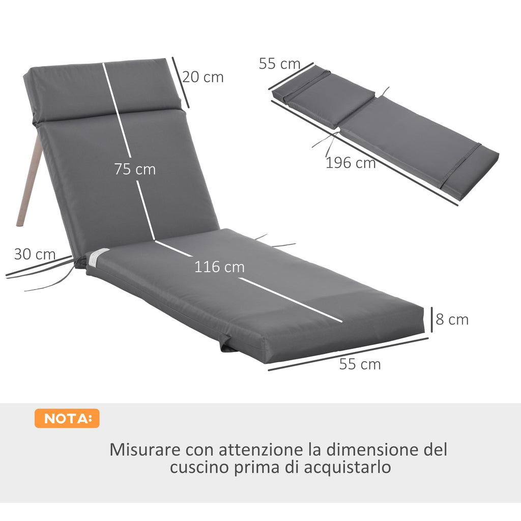 Outsunny Set of 2 Outdoor Lounger Cushions Padded in Cotton with Straps, 196x55x8 cm, Dark Grey