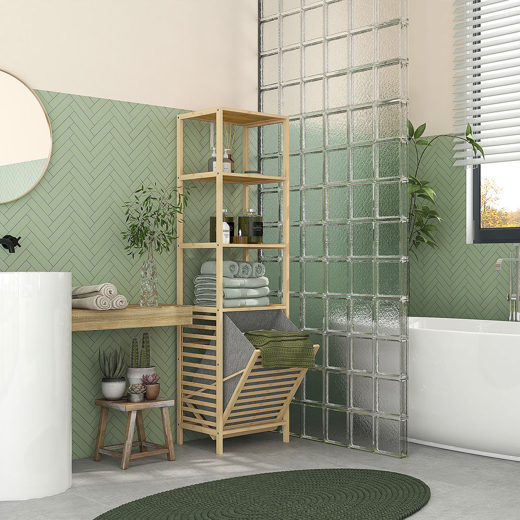 HOMCOM Bathroom Column with 3 Bamboo Wood Shelves and Fabric Laundry Basket, 44x33x160cm - Borgè