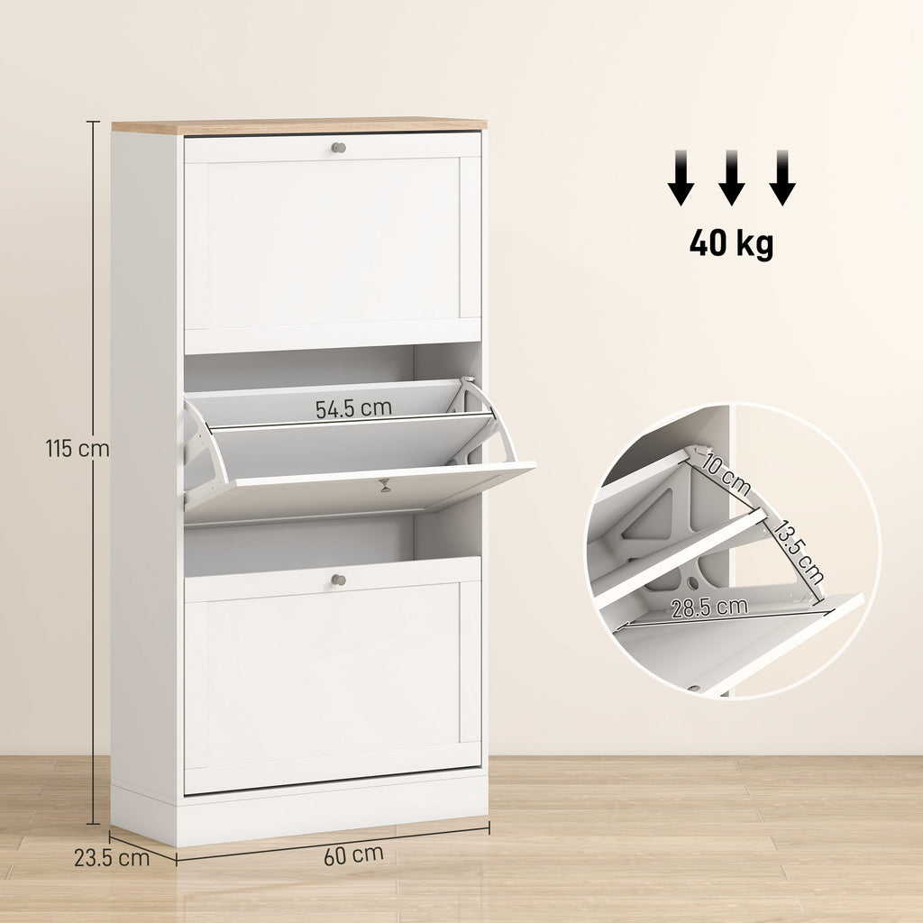 Space-Saving 3-Drawer Shoe Rack with 2-Tier Adjustable Shelves, Wooden, 60x23.5x115 cm, White
