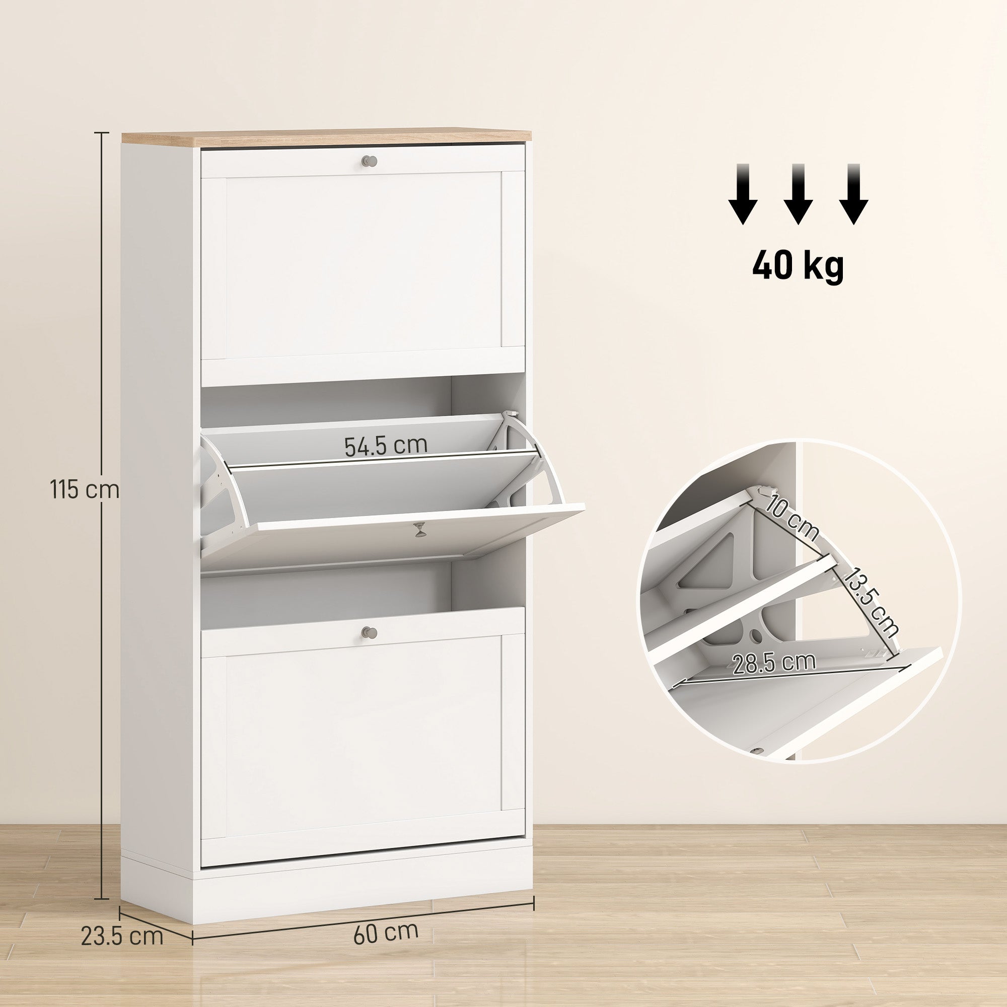 Space-Saving 3-Drawer Shoe Rack with 2-Tier Adjustable Shelves, Wooden, 60x23.5x115 cm, White