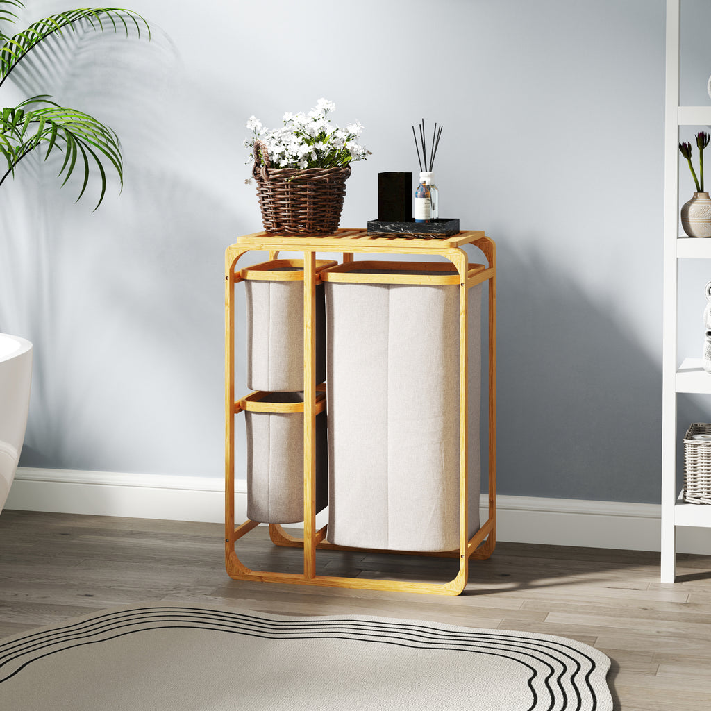 Bamboo Laundry Basket with 3 Bags and Removable Fabric Shelves, 50x32x69.7 cm, Bamboo and Cream