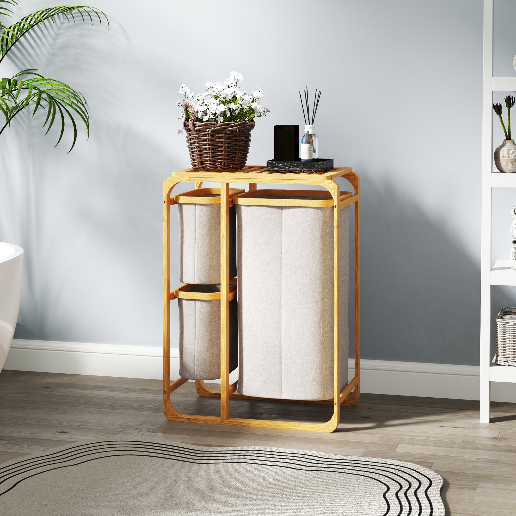 Bamboo Laundry Basket with 3 Bags and Removable Fabric Shelves, 50x32x69.7 cm, Bamboo and Cream