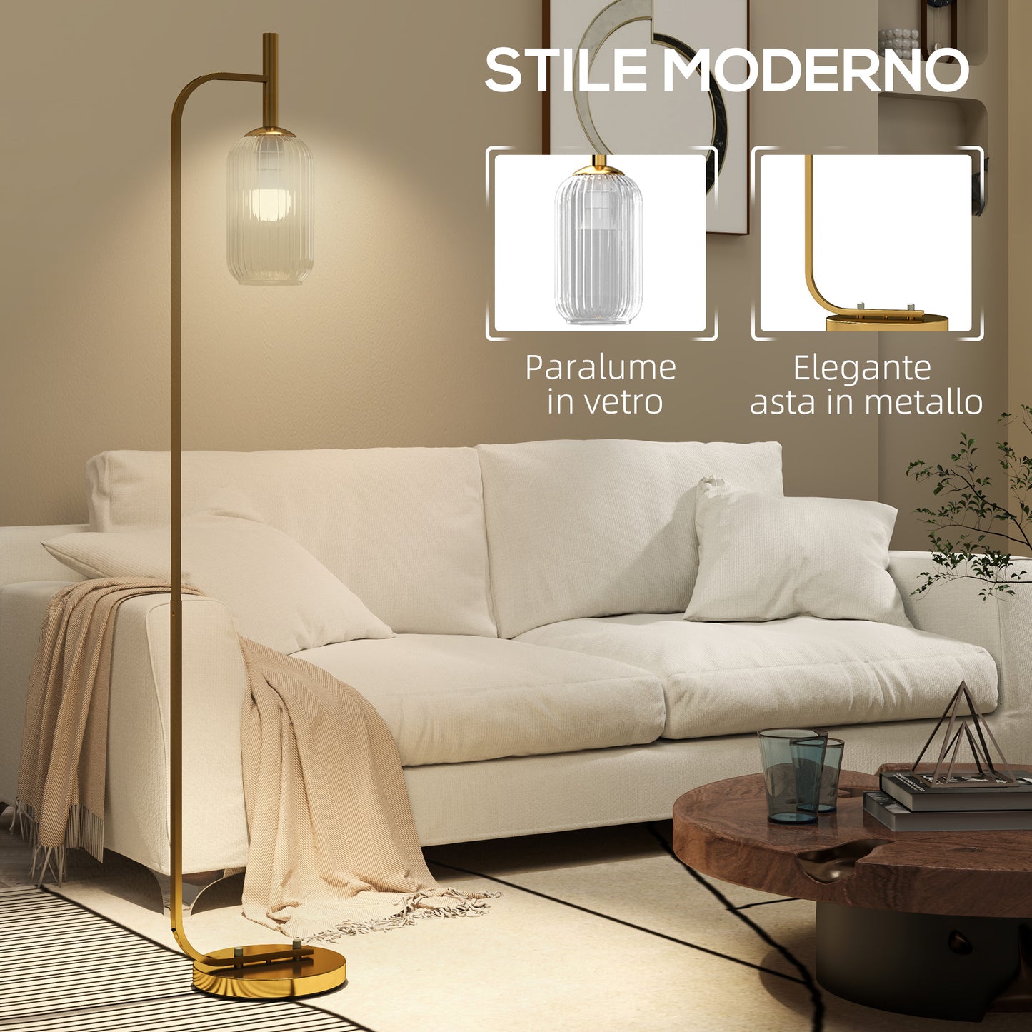 Modern Floor Lamp with Glass Shade and Foot Switch for E27 Bulbs, Gold