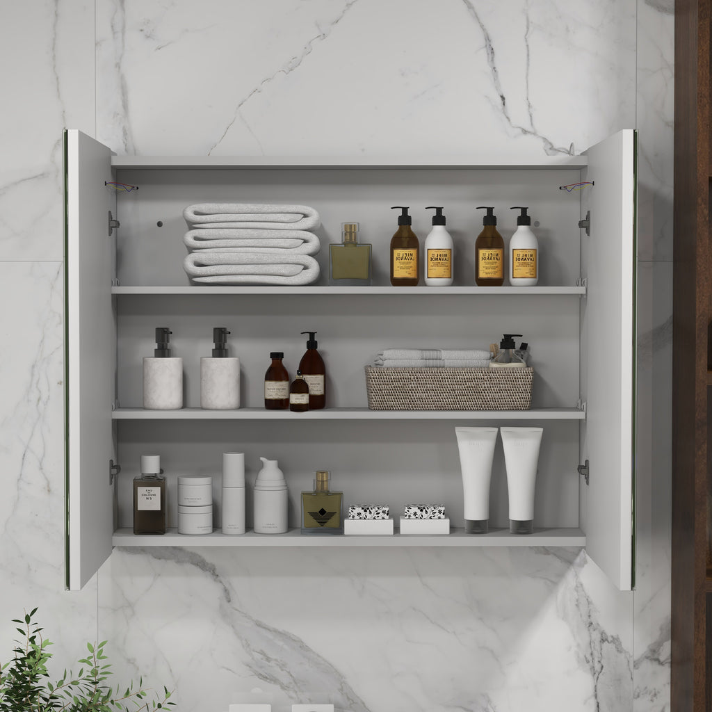 kleankin Bathroom Mirror Cabinet with LED Light, 80 x 65cm Bathroom Cabinet with Mirror, Soft Close Door, 3-Color Dimmable, Adjustable Shelves, Gloss White