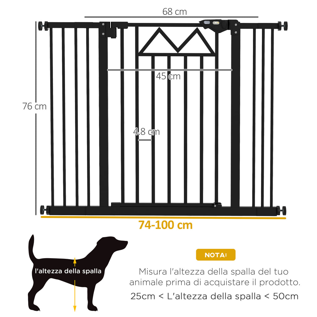 Dog Gate with 4 Adjustable Screws and Adhesive Tape, Metal and Plastic, 74-100x76 cm, Black
