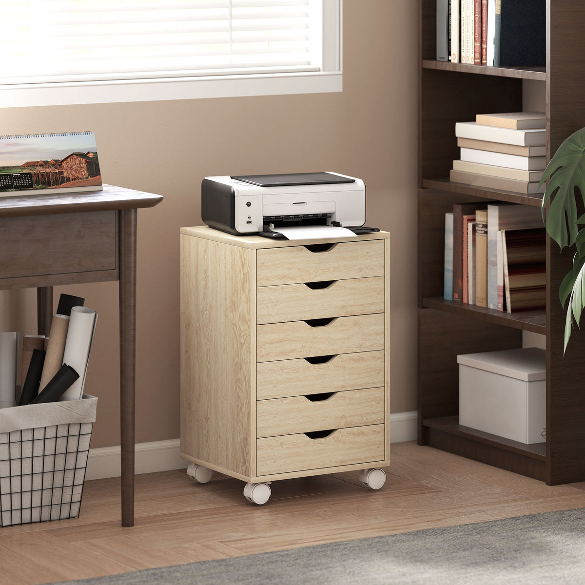 HOMCOM 6-Drawer Office Chest with 4 Wheels and Lock, 40x35x63 cm, Oak