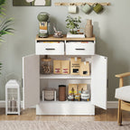 Modern Sideboard with 2 Drawers and 2 Doors, Adjustable Internal Shelf, White and Wood