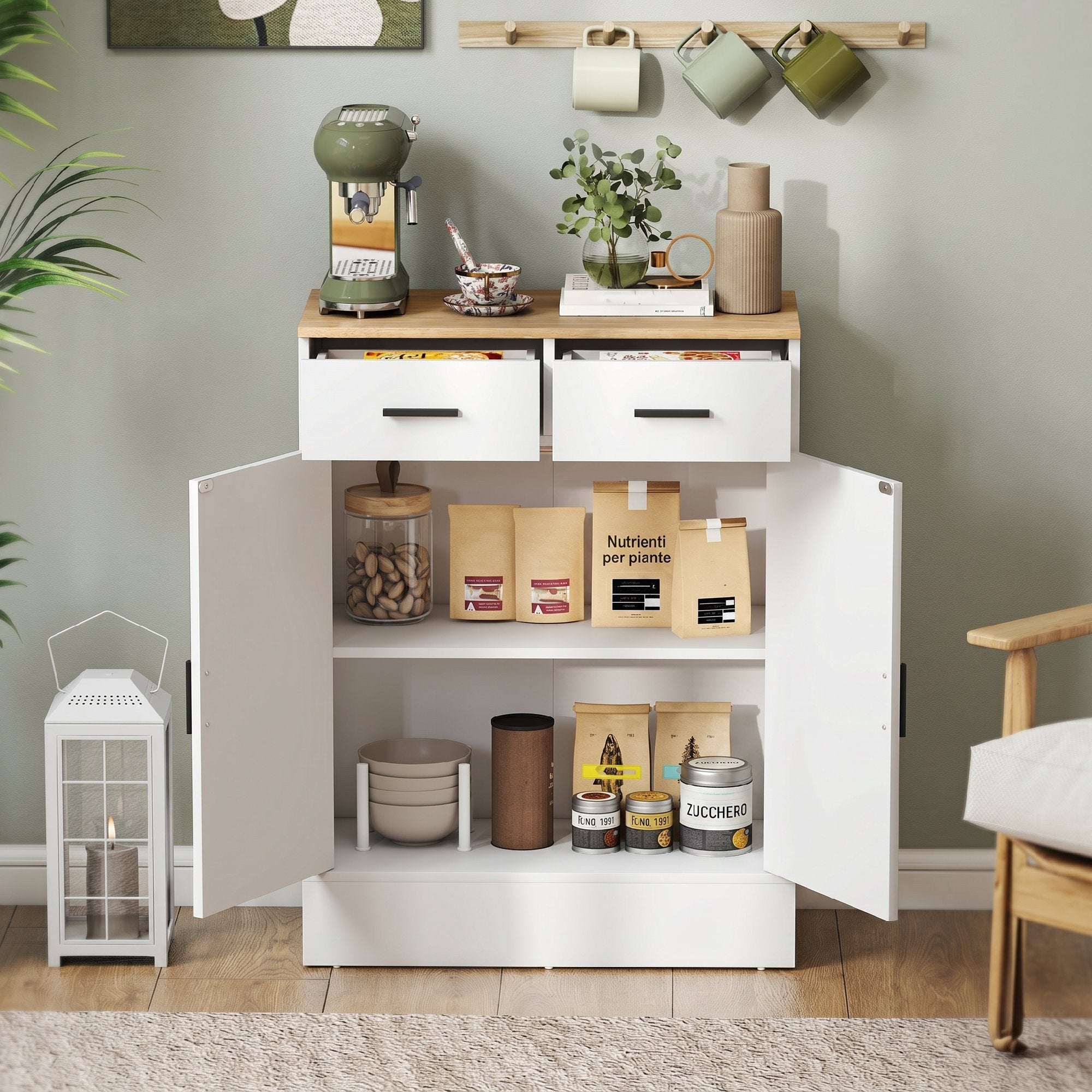 Modern Sideboard with 2 Drawers and 2 Doors, Adjustable Internal Shelf, White and Wood
