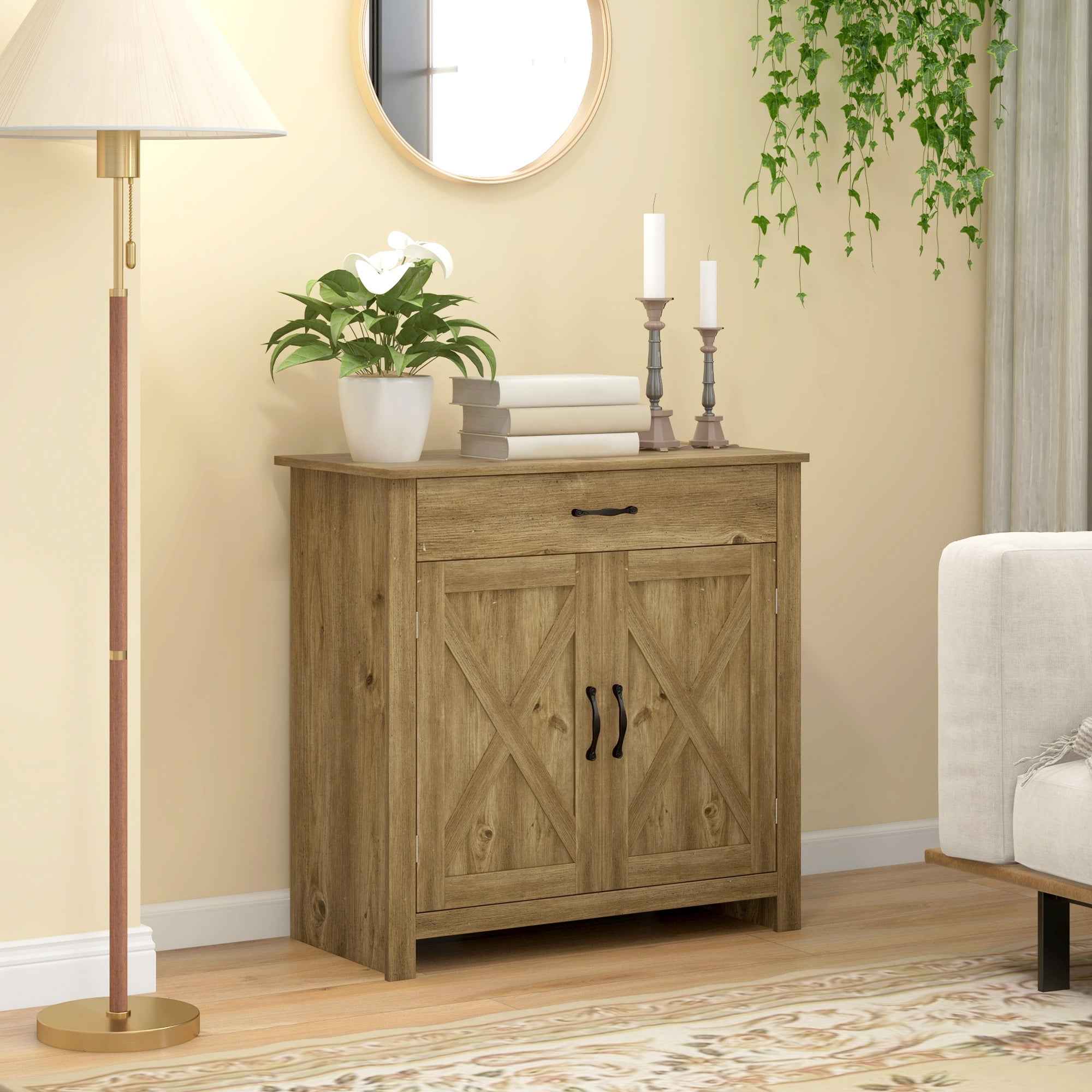 Country Kitchen Sideboard with 2-Door Cabinet and Drawer, 80x39.7x80cm, Wood Color