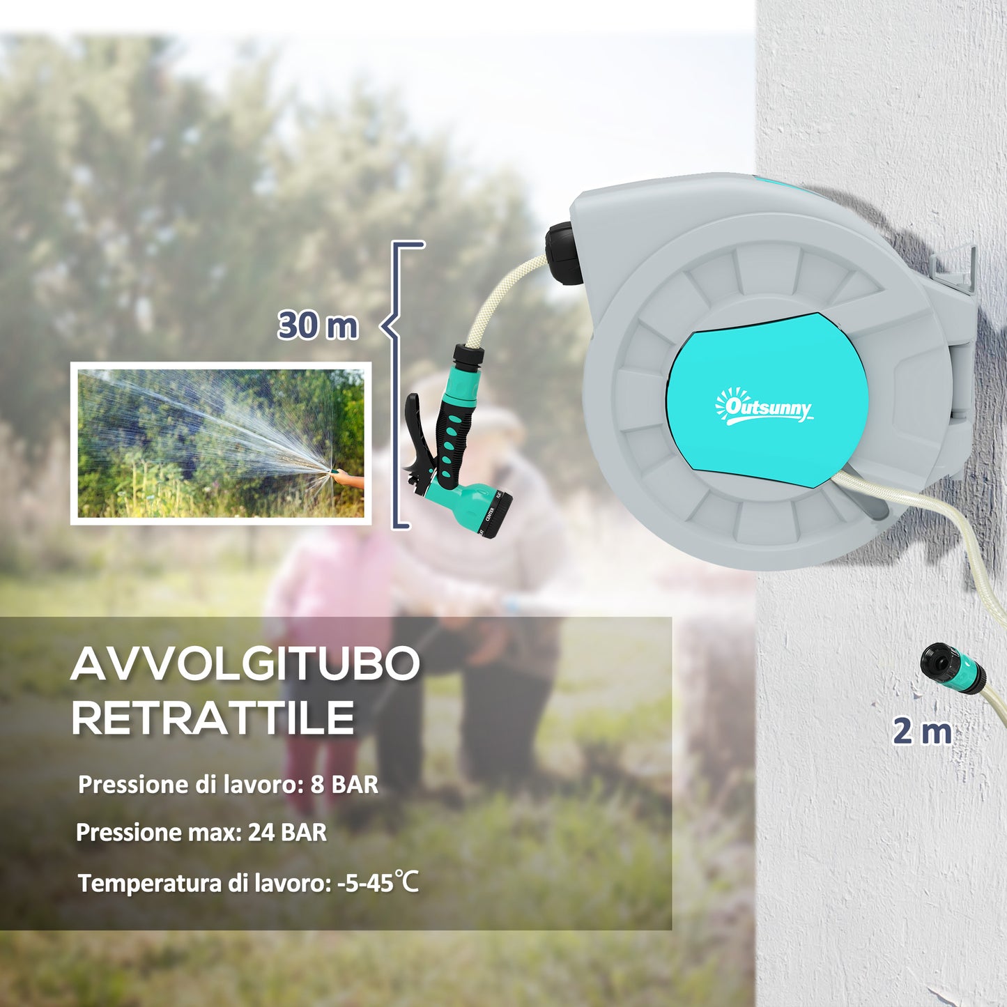 Automatic Wall-Mounted and Portable Hose Reel Length 30+2 m, Locking System and 7 Jets, Green