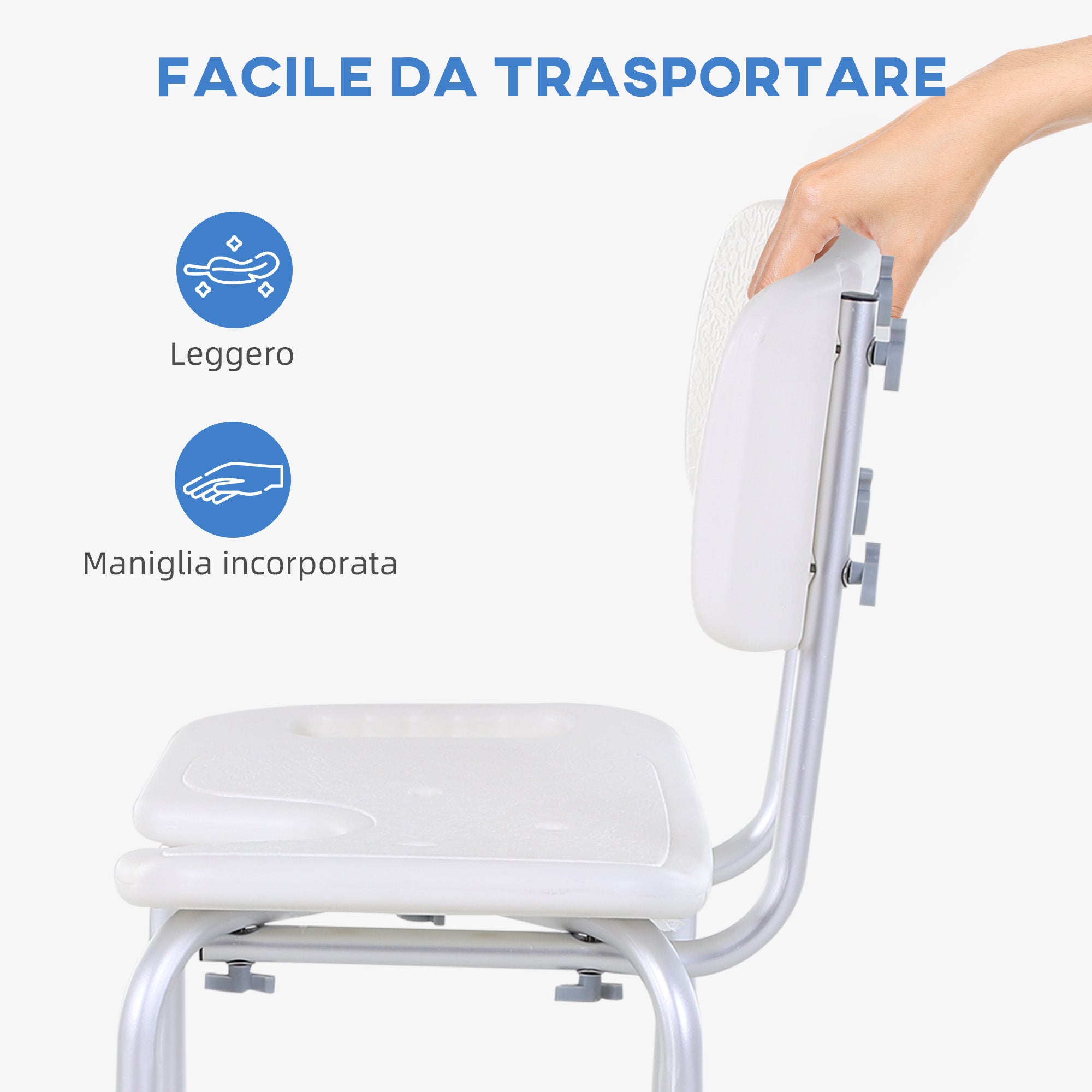 8-Level Adjustable Shower Chair with Drainage Holes, Aluminum and PE, 48x42x71-83.5 cm, White and Silver