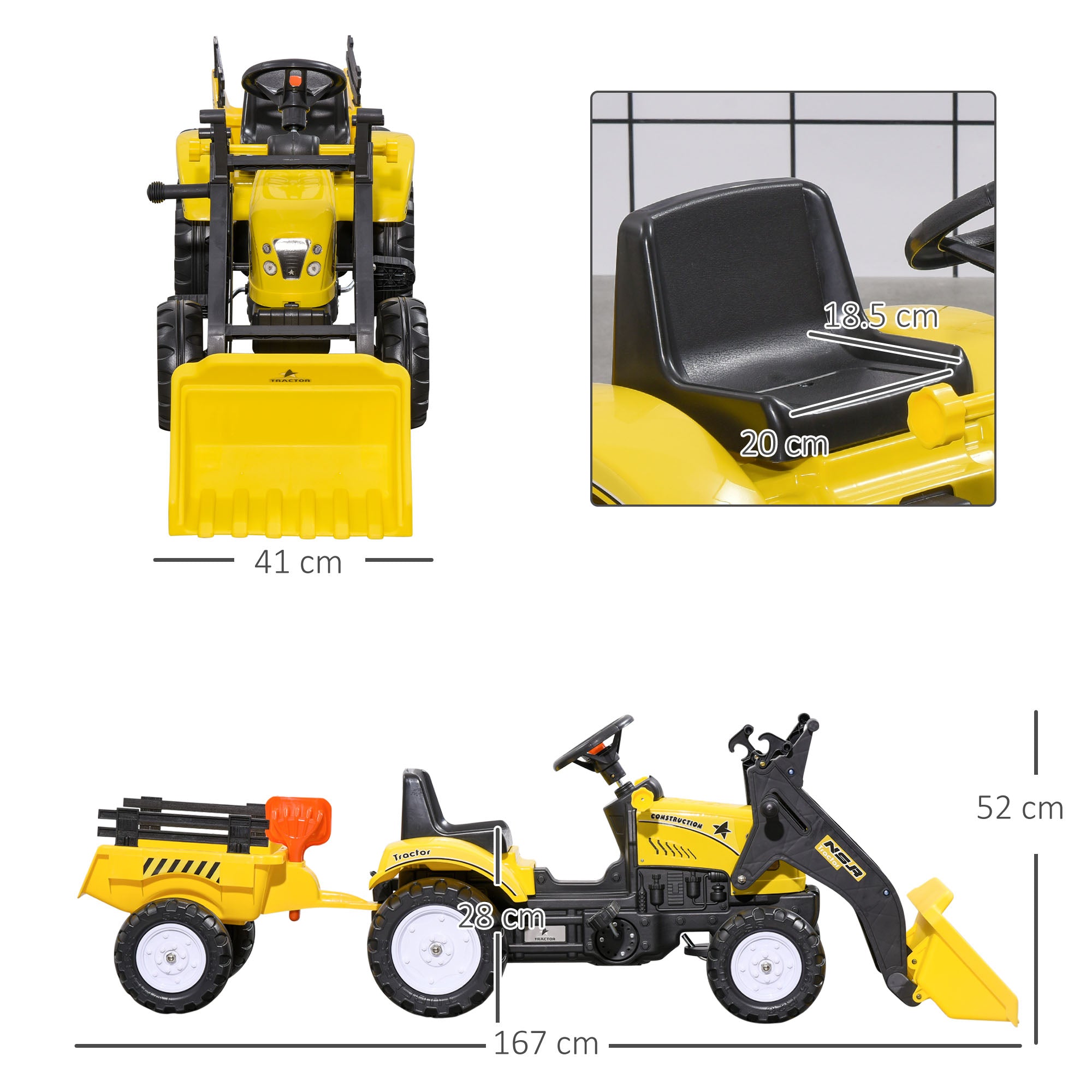 Pedal Excavator for Kids from 3 Years with Front Loader, Trailer and 6 Wheels, Yellow