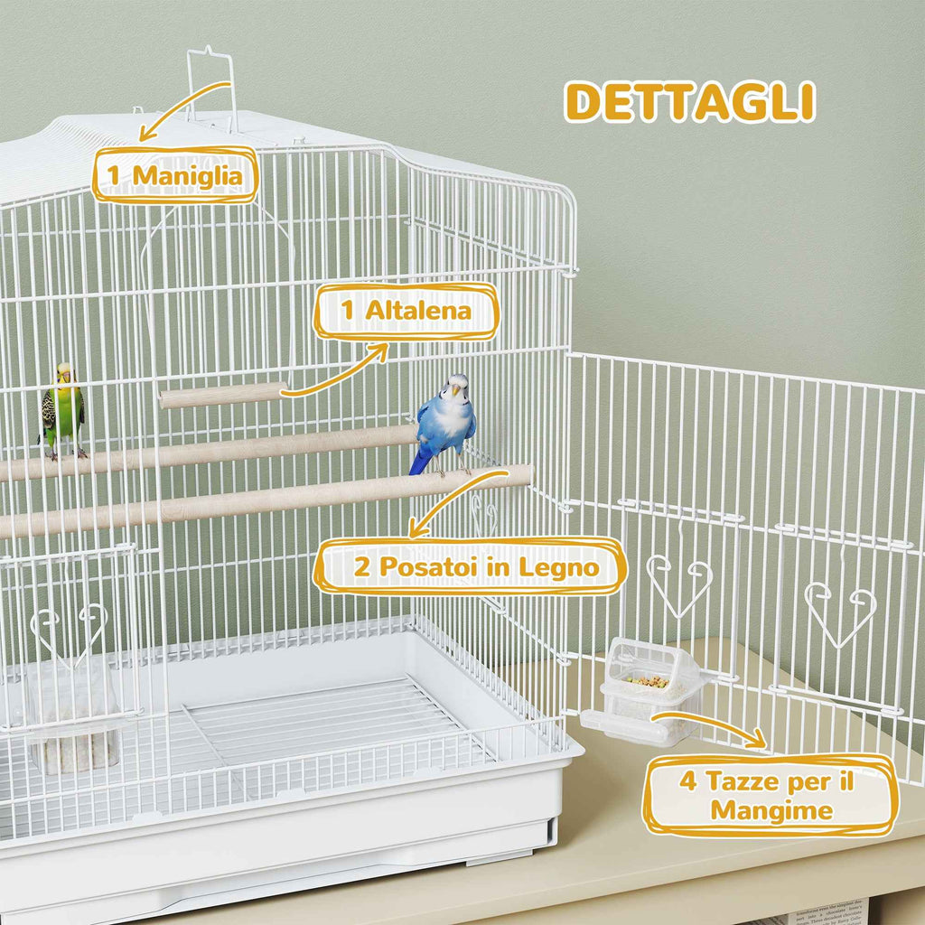 PawHut Portable Bird Cage with Handle, Removable Tray and 5 Doors, Perches and Swing, White