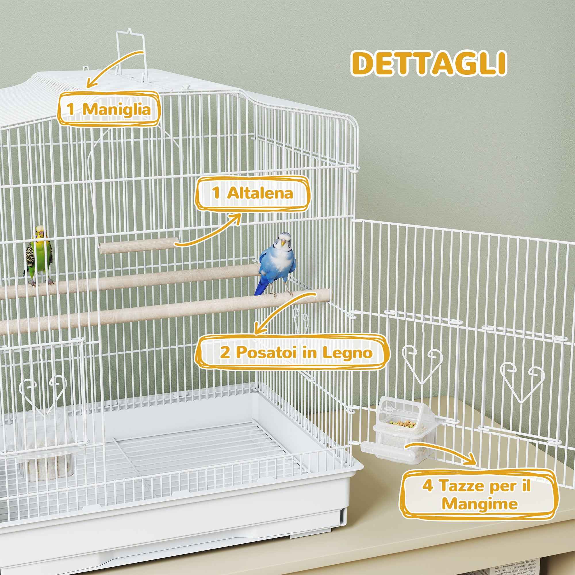 PawHut Portable Bird Cage with Handle, Removable Tray and 5 Doors, Perches and Swing, White