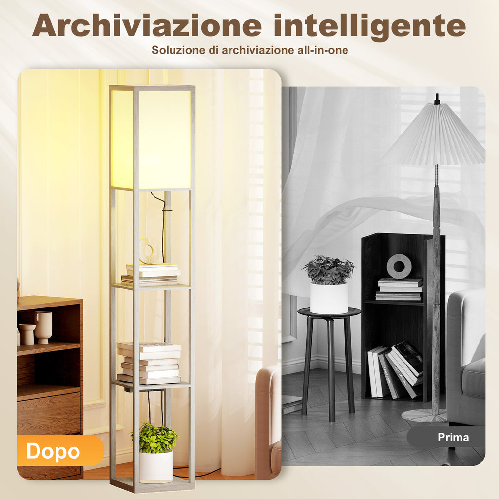 HOMCOM Floor Lamp with Shelves, Dimmable Light, Foot Switch and USB Ports, White and Oak