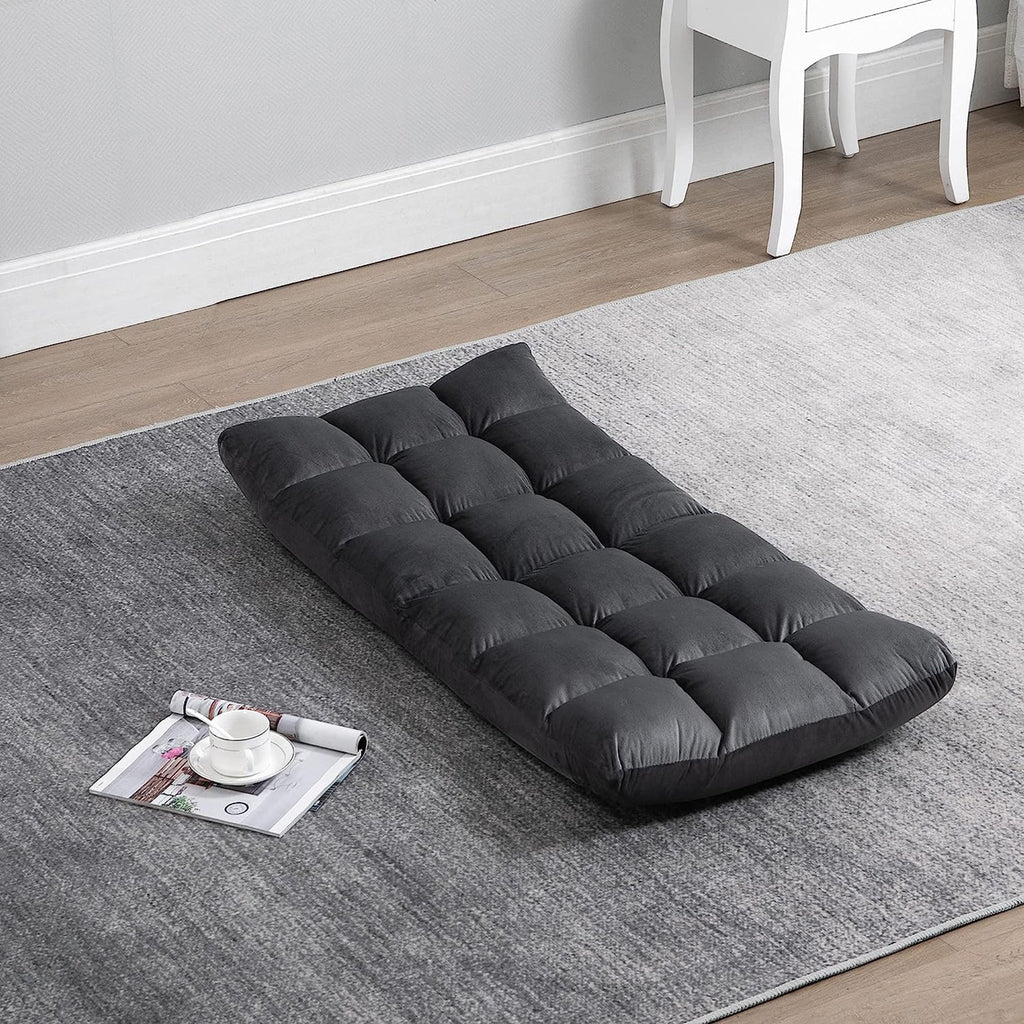 Velvet Floor Chair with 180° Reclining Backrest and Thick Padding, 55x71x53.5cm, Dark Grey