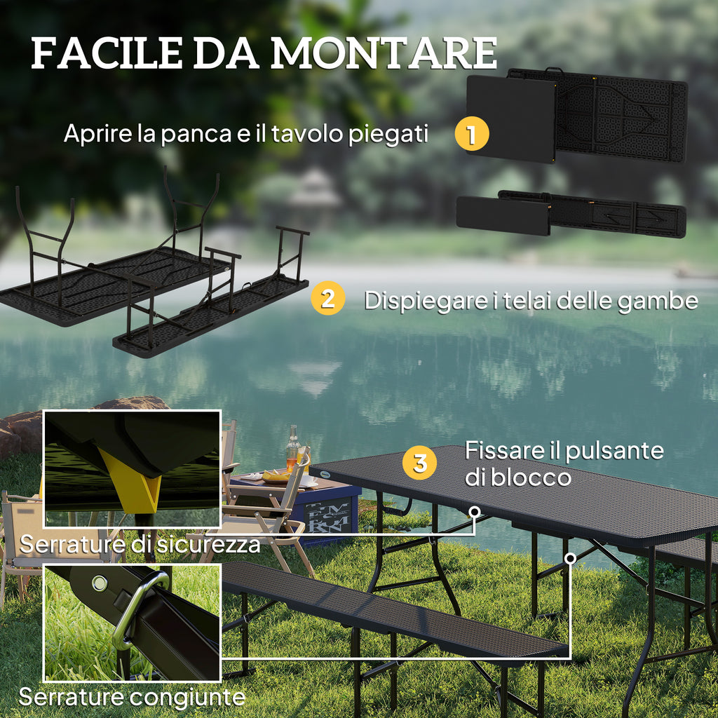 3-Piece Foldable Picnic Set with Table and 2 Benches in HDPE and Metal, Black