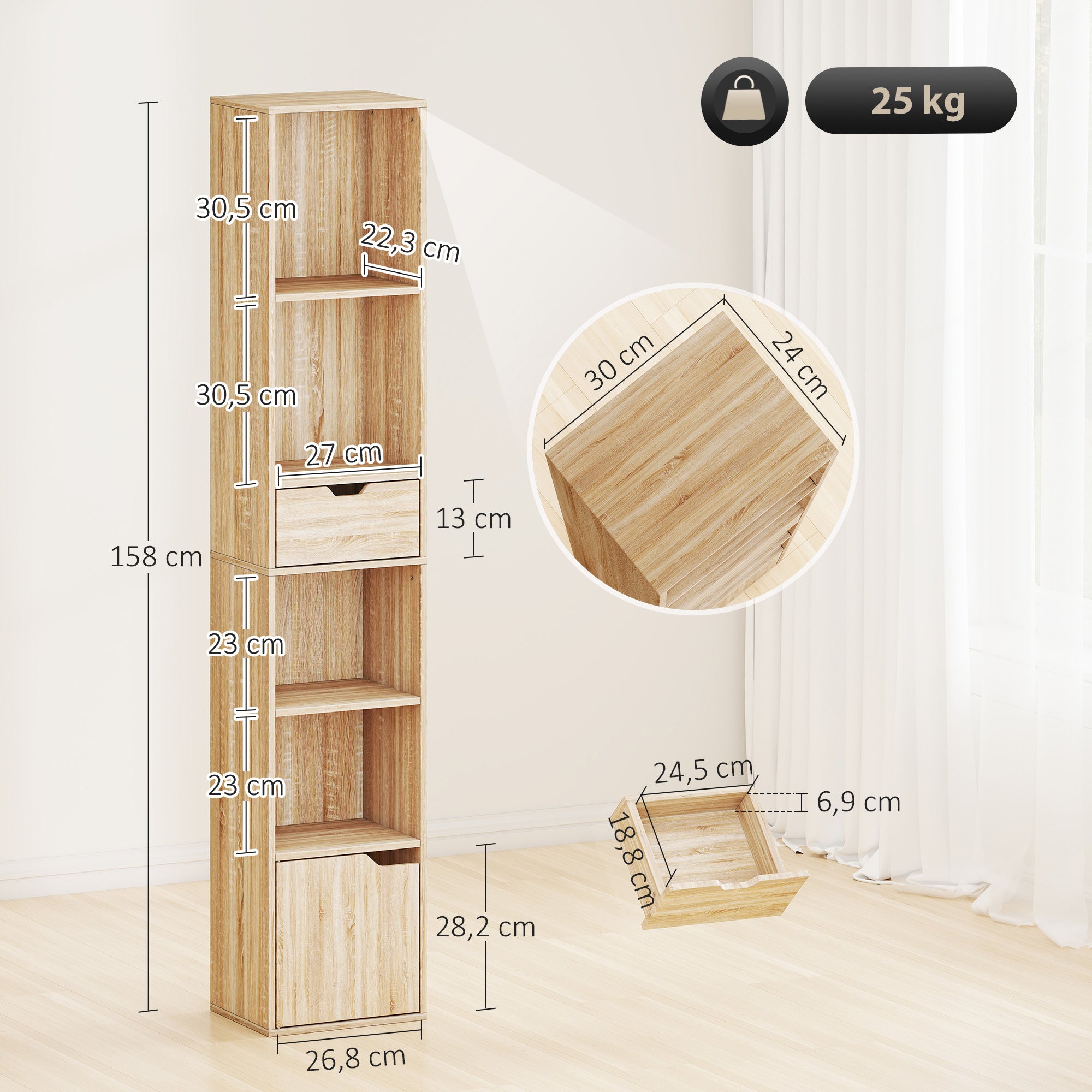 HOMCOM 4-Tier Open Bookshelf with Cabinet and Drawer, 30x24x158 cm, Wood Color