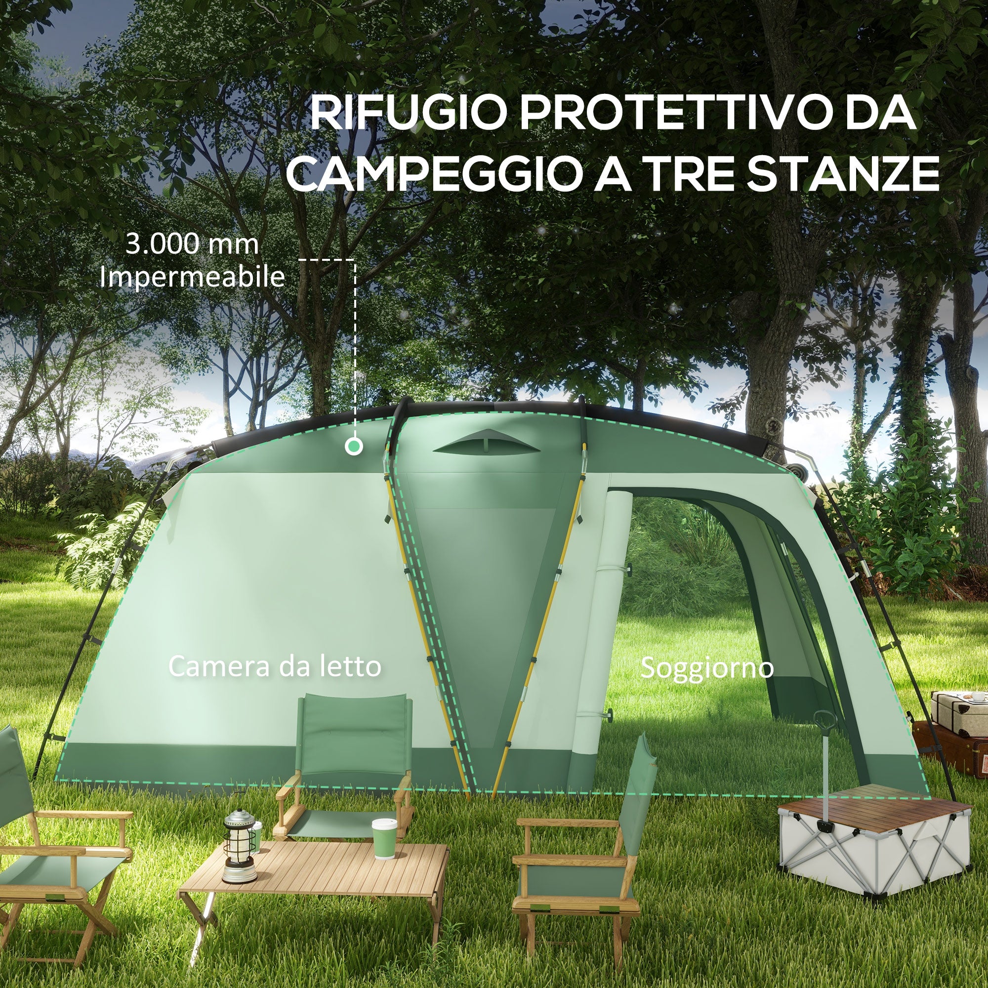 Outsunny Waterproof 4-Person Camping Tent with Sleeping Area and Living Area, in Polyester, 460x300x200 cm, Green - Borgè