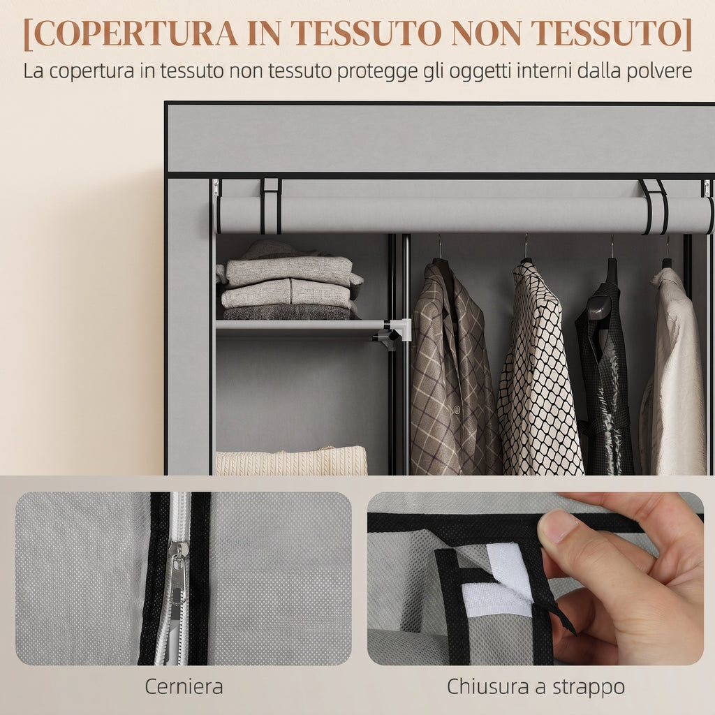 HOMCOM Portable Non-Woven Fabric and Steel Wardrobe with Wheels, 6 Open Shelves, Clothes Hanger, Light Grey