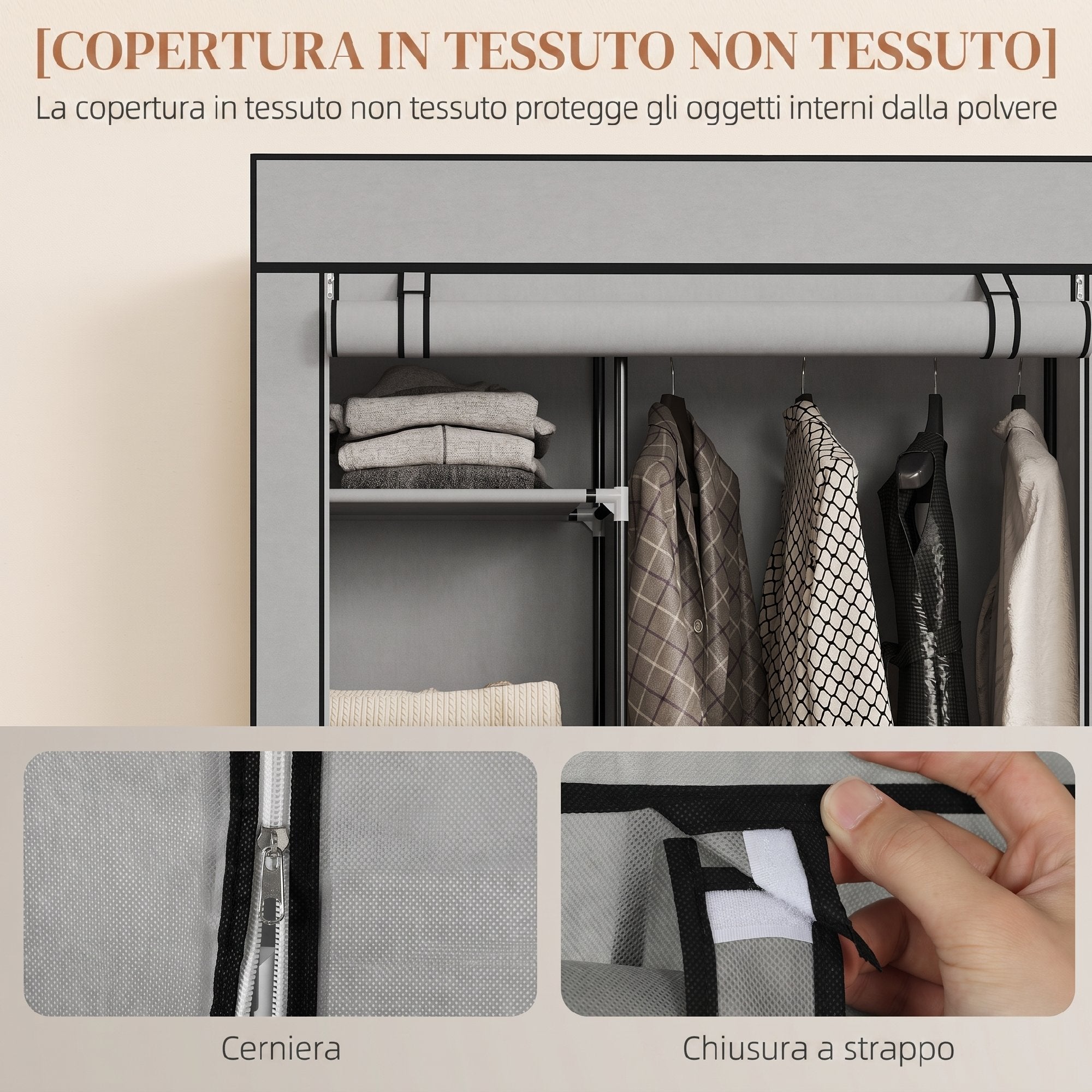 HOMCOM Portable Non-Woven Fabric and Steel Wardrobe with Wheels, 6 Open Shelves, Clothes Hanger, Light Grey