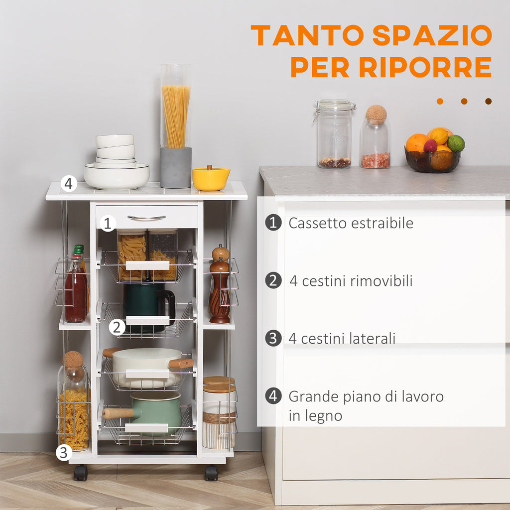 Kitchen Trolley with Drawer, 4 Baskets and 4 Shelves, in Metal, Ceramic and Wood, 57x37x83 cm, White