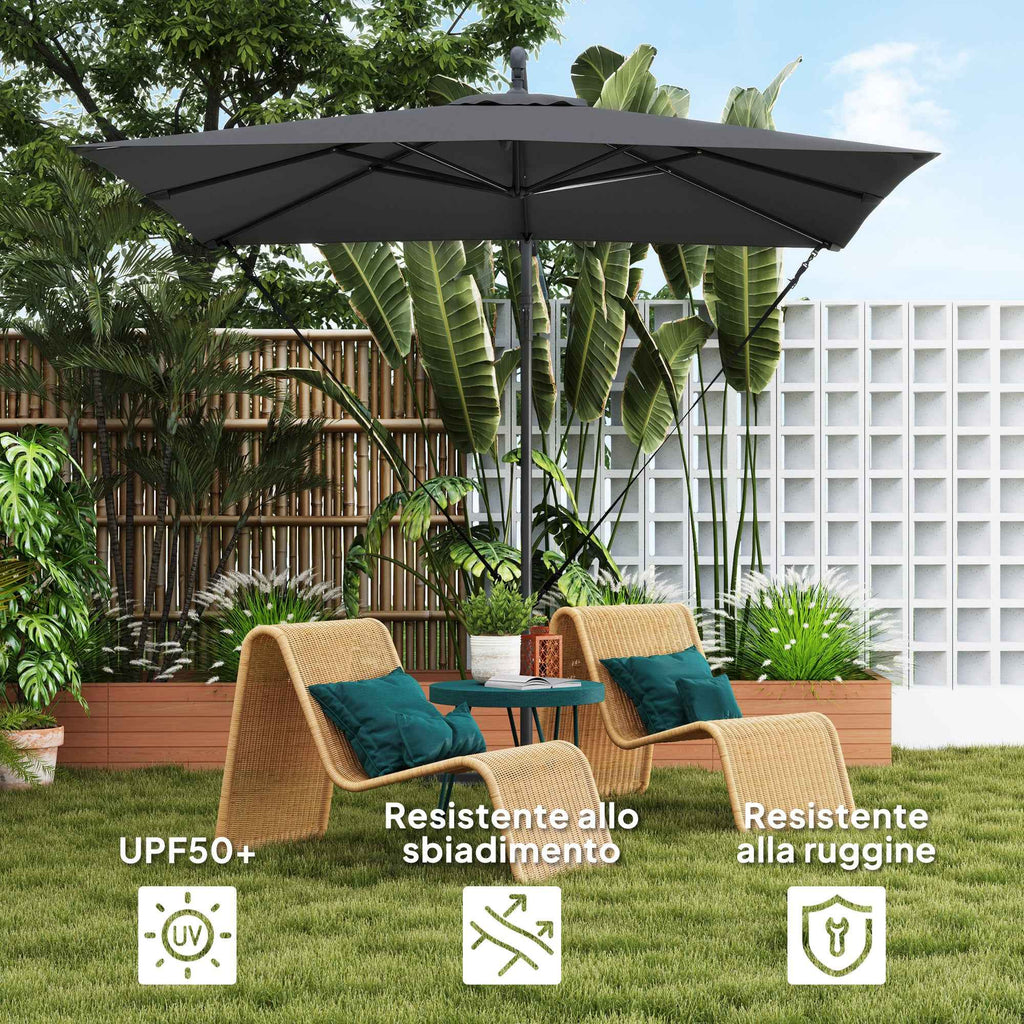 Outsunny Adjustable Cantilever Umbrella with Cross Base and Crank Handle, in Steel and Polyester, 247x247x256, Dark Grey