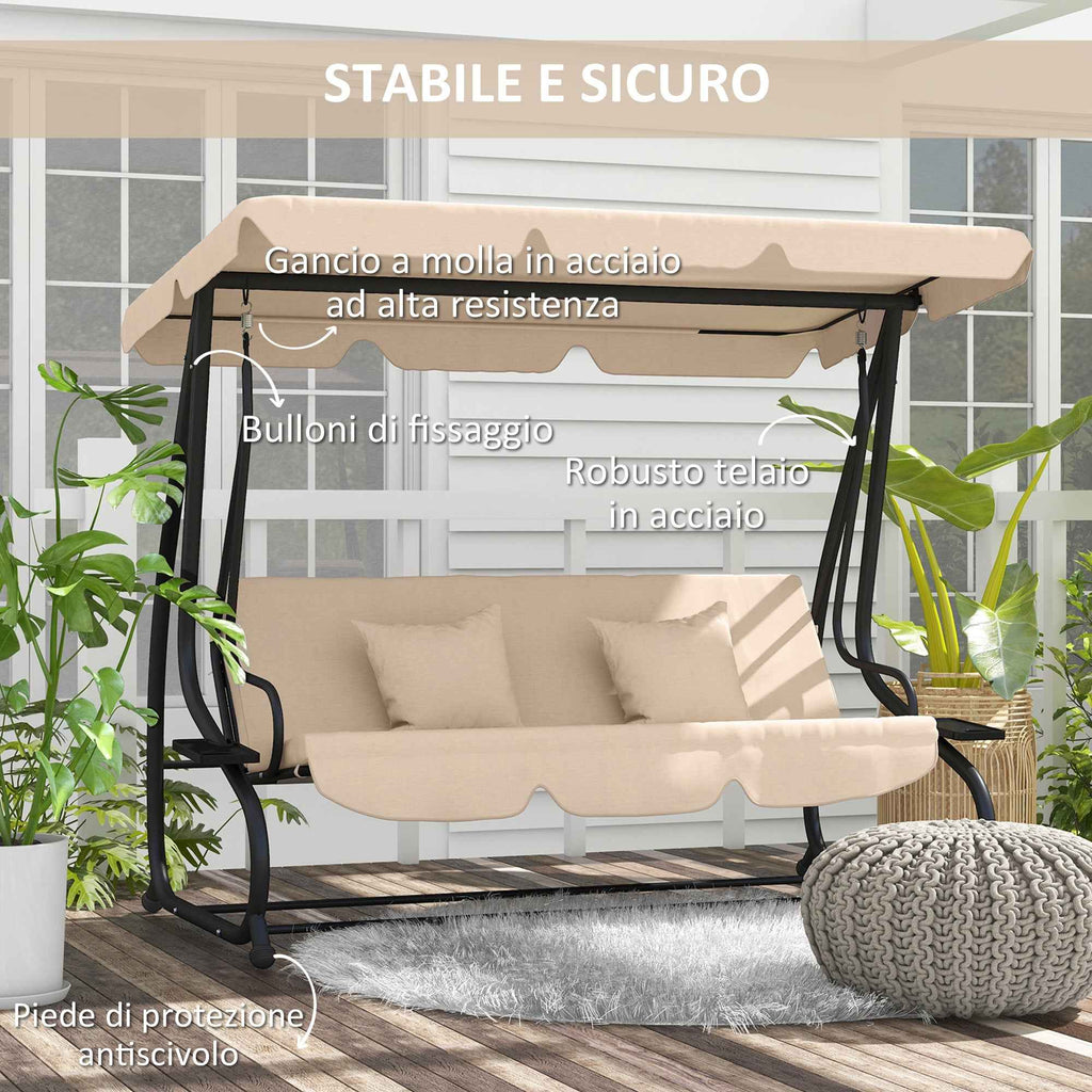 Outsunny 3-Seater Garden Swing Bed with Adjustable Canopy and Tray, 200x120x164 cm, Light Brown