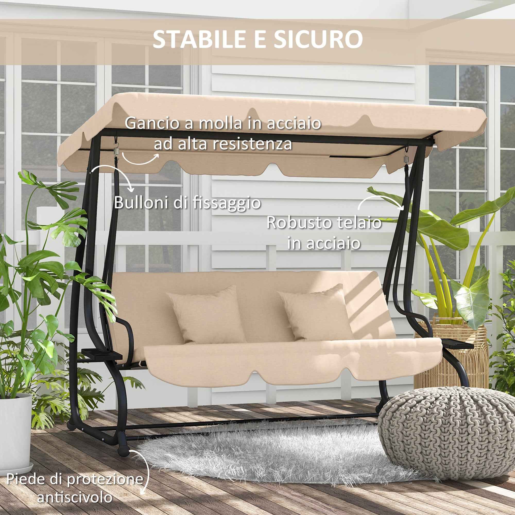 Outsunny 3-Seater Garden Swing Bed with Adjustable Canopy and Tray, 200x120x164 cm, Light Brown