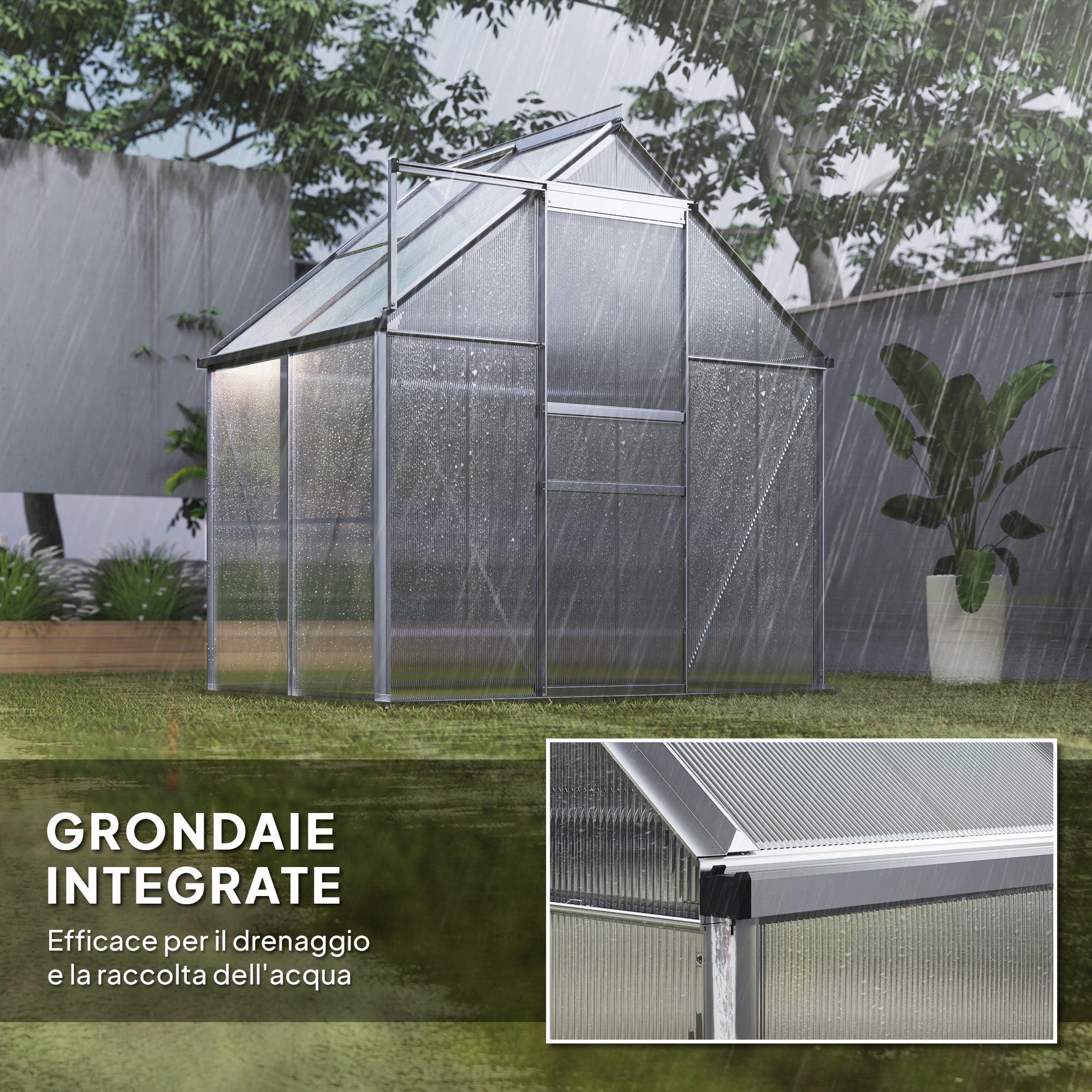 Outsunny Polycarbonate and Aluminum Greenhouse with Hinged Door and Roof Window, 192.5x131x200 cm, Silver