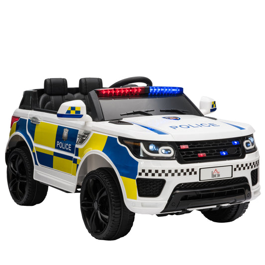 HOMCOM Electric Police Car for Children, 12V Battery and Remote Control, Siren Lights USB Connection for Music, 110x68x52cm, White